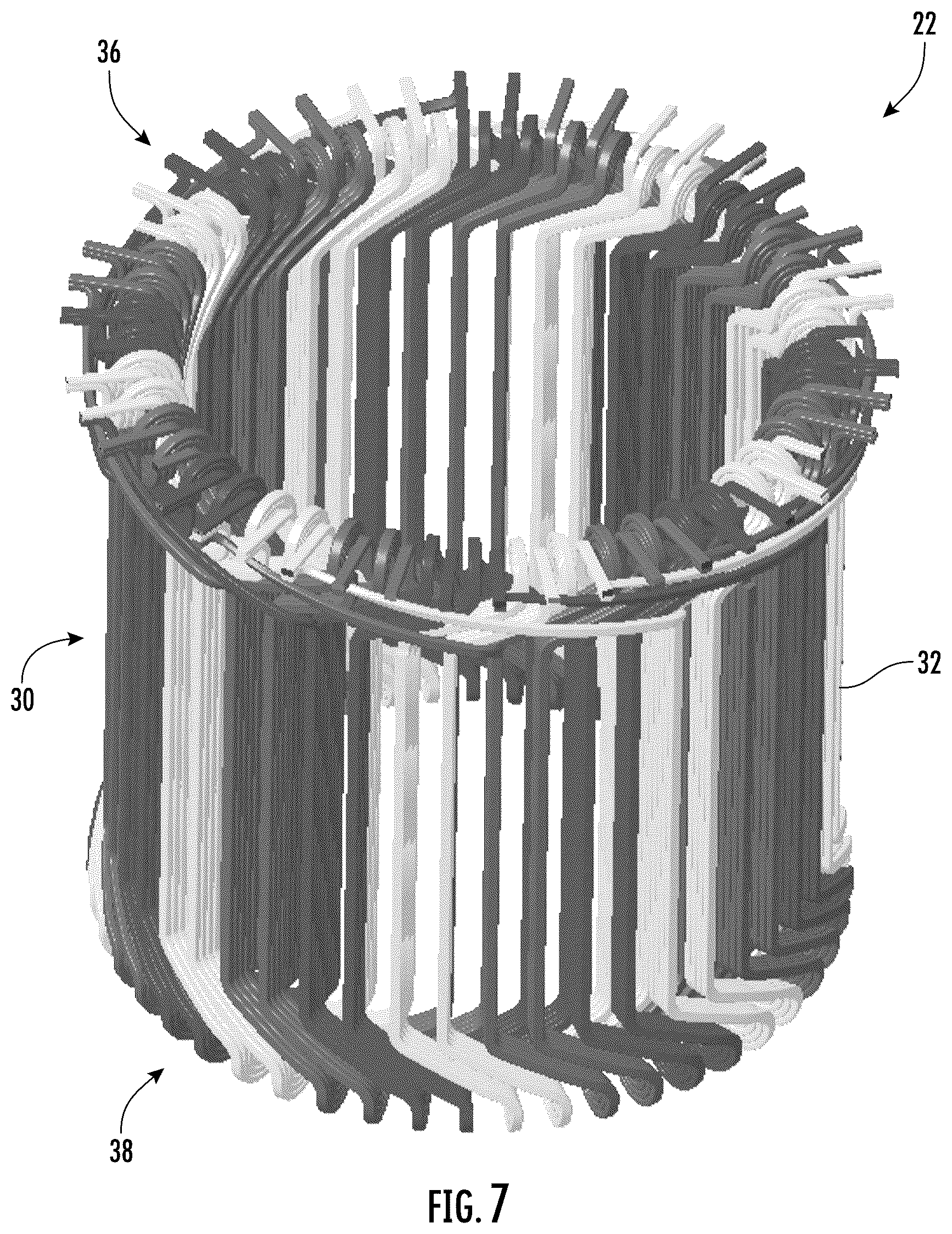 Patent US12620857 Figure 7 – Stator winding arrangement with connections for adjacent diamond coils