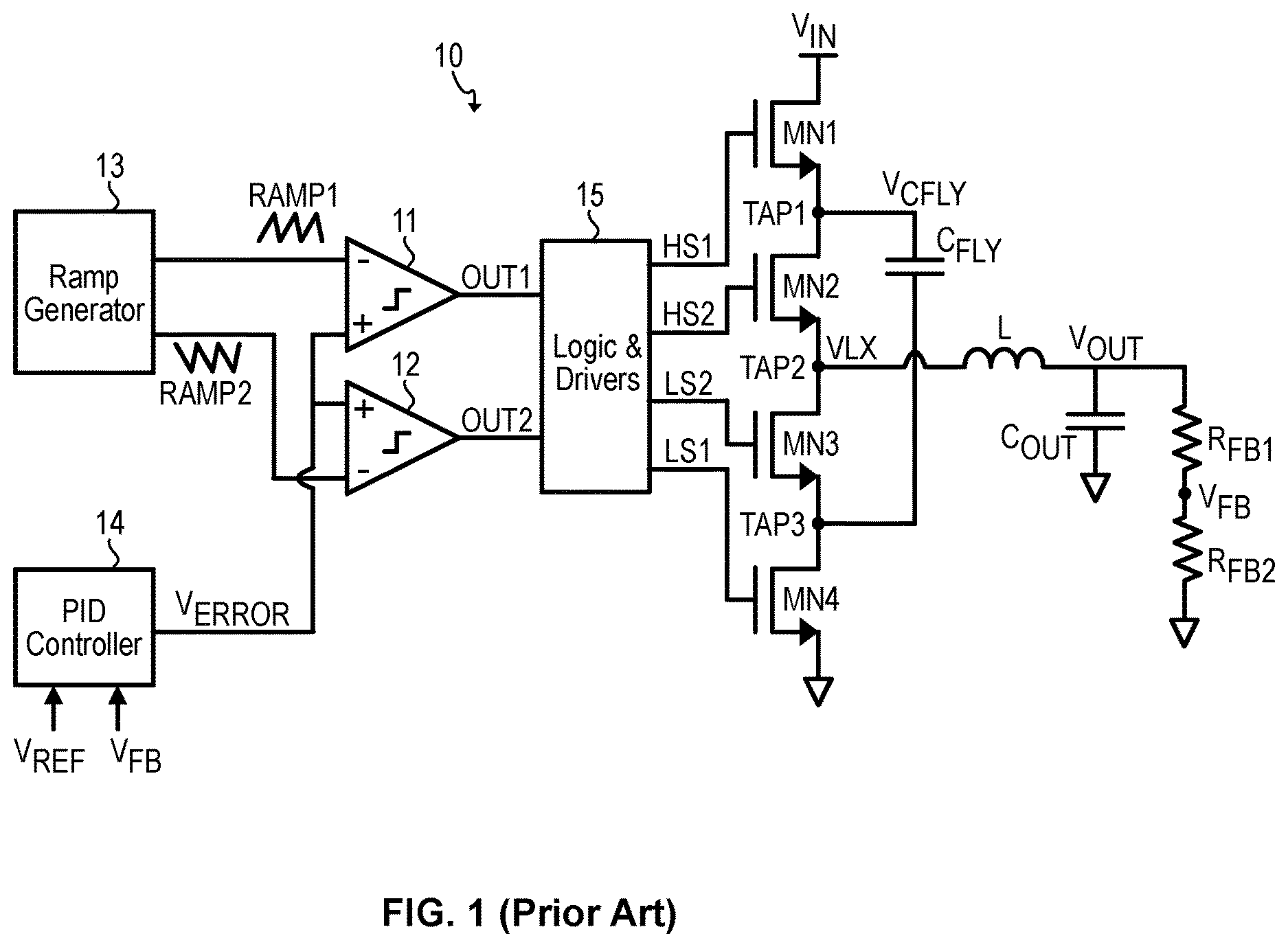 Patent US12620895 Figure 1 – Balance system to regulate the voltage of the fly capacitor of a three-level buck acting on ramps