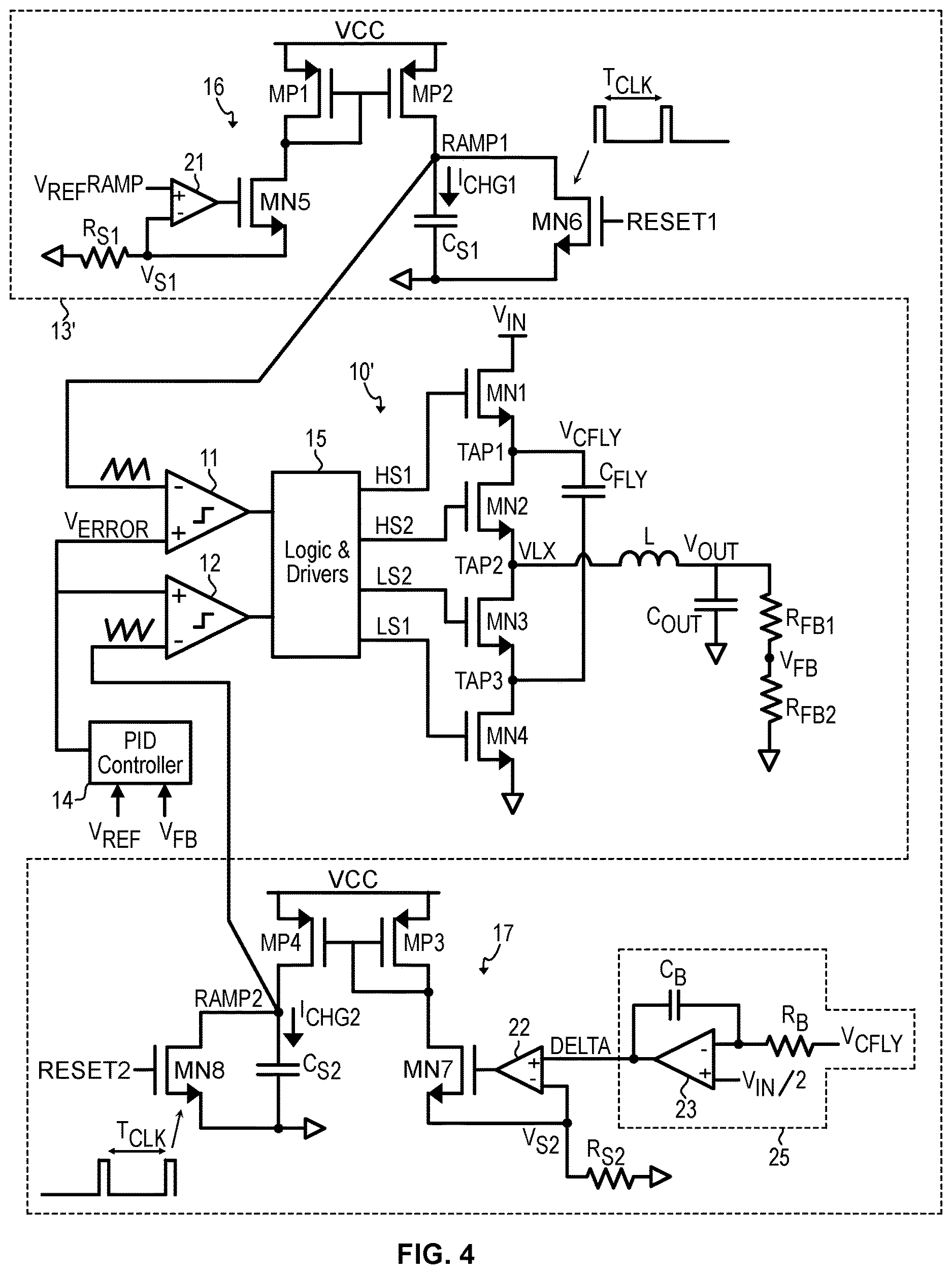 Patent US12620895 Figure 4 – Balance system to regulate the voltage of the fly capacitor of a three-level buck acting on ramps