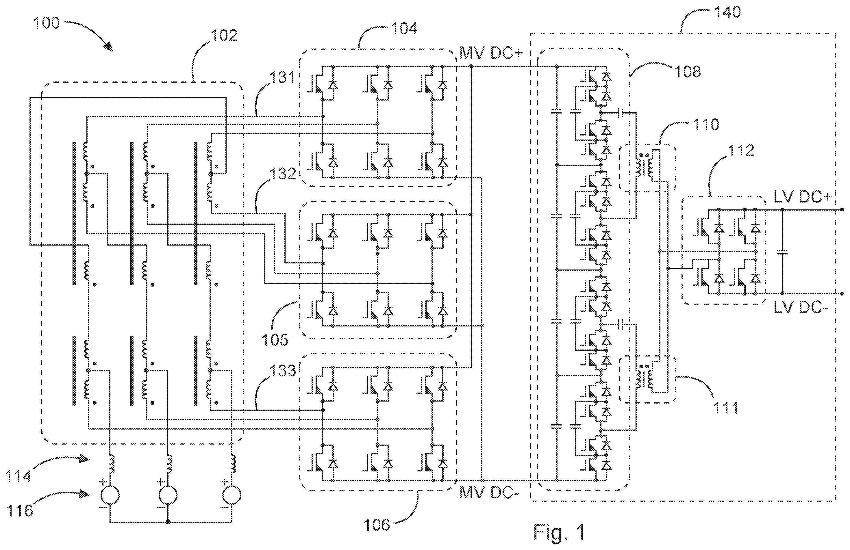 Patent US12620902 Figure 1 – Bi-directional medium voltage to low voltage converter topology