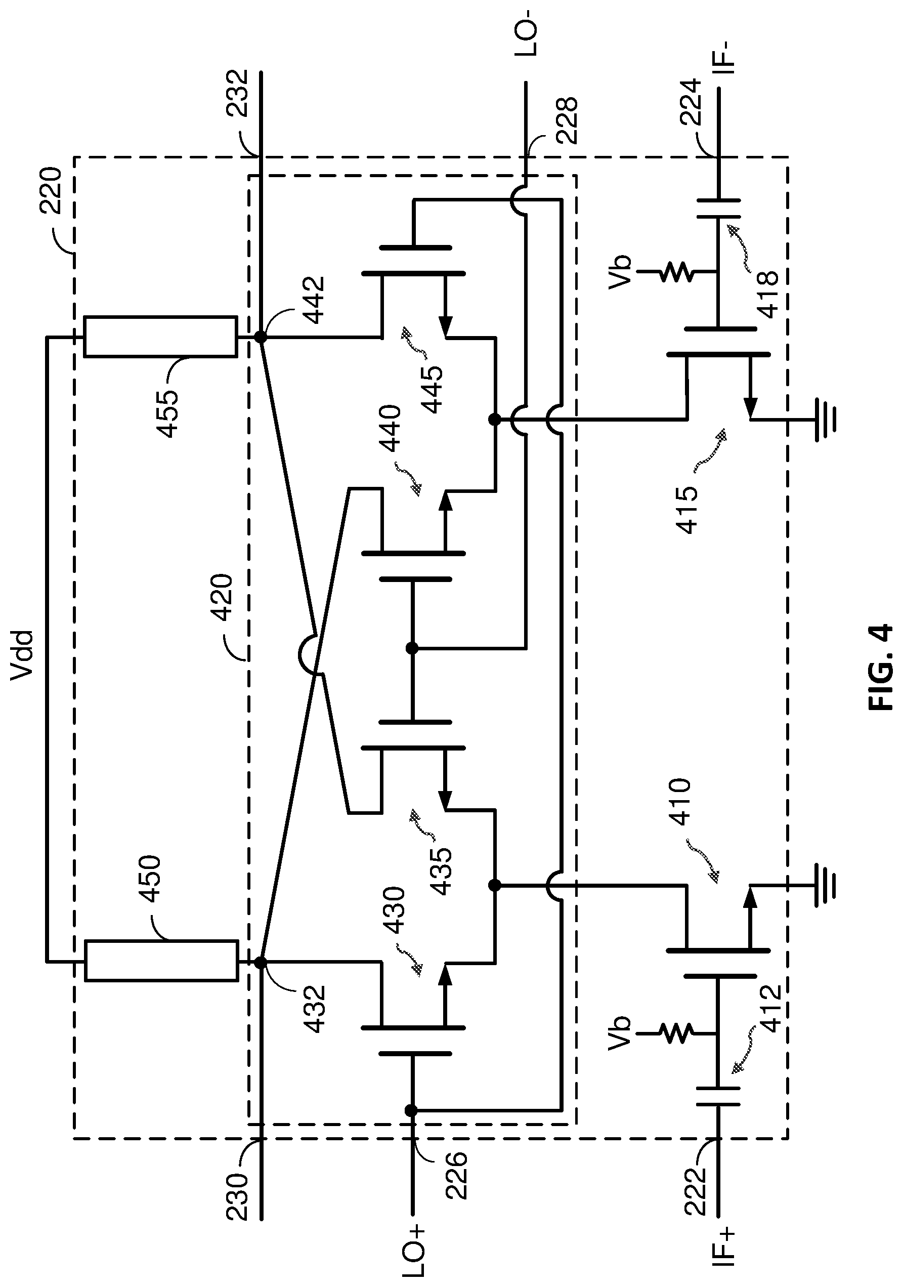 Patent US12620936 Figure 4 – Mixer with reduced local oscillator (LO) leakage
