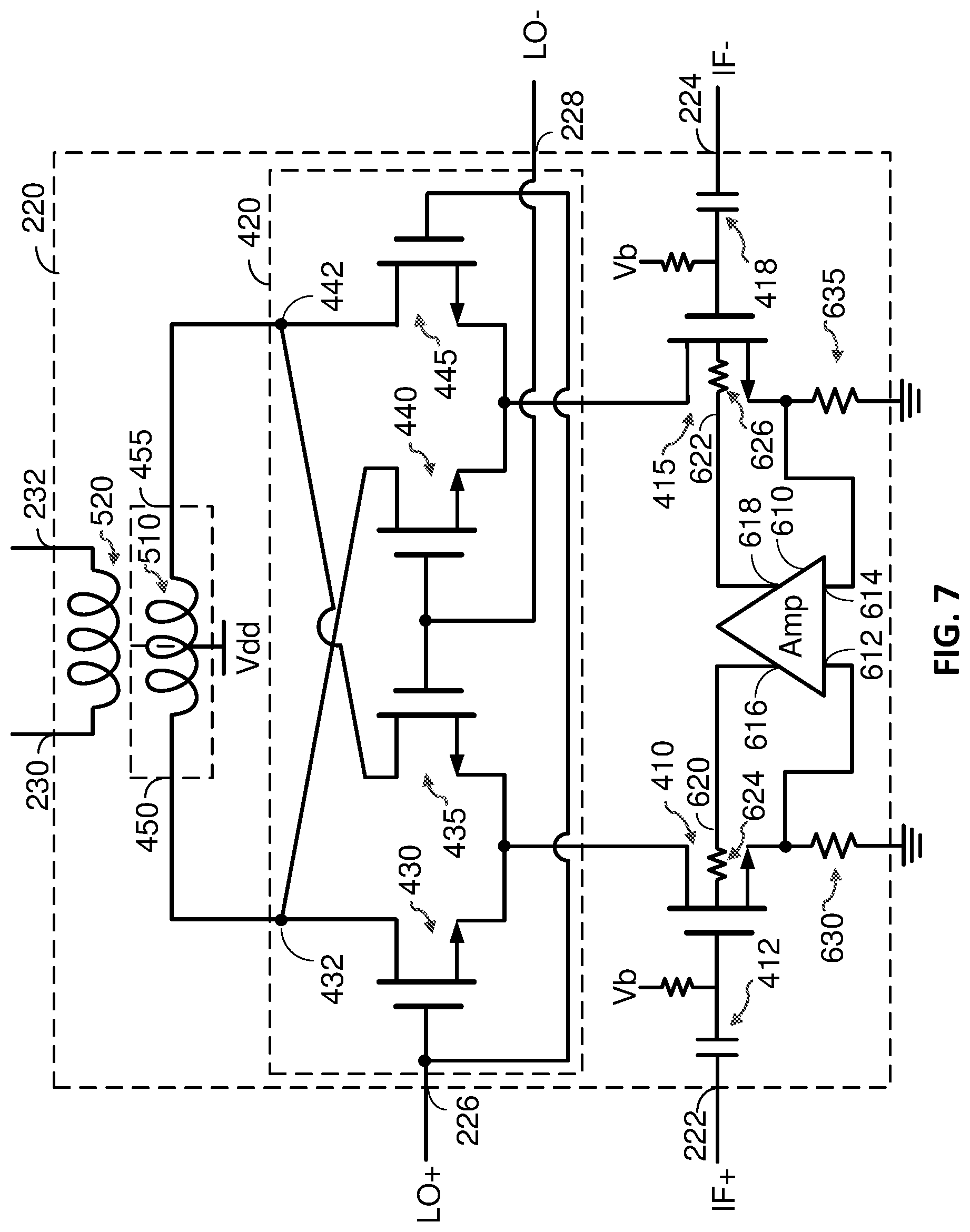 Patent US12620936 Figure 7 – Mixer with reduced local oscillator (LO) leakage