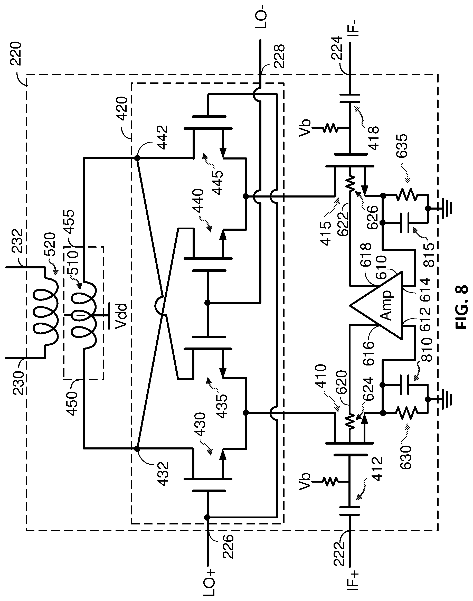 Patent US12620936 Figure 8 – Mixer with reduced local oscillator (LO) leakage