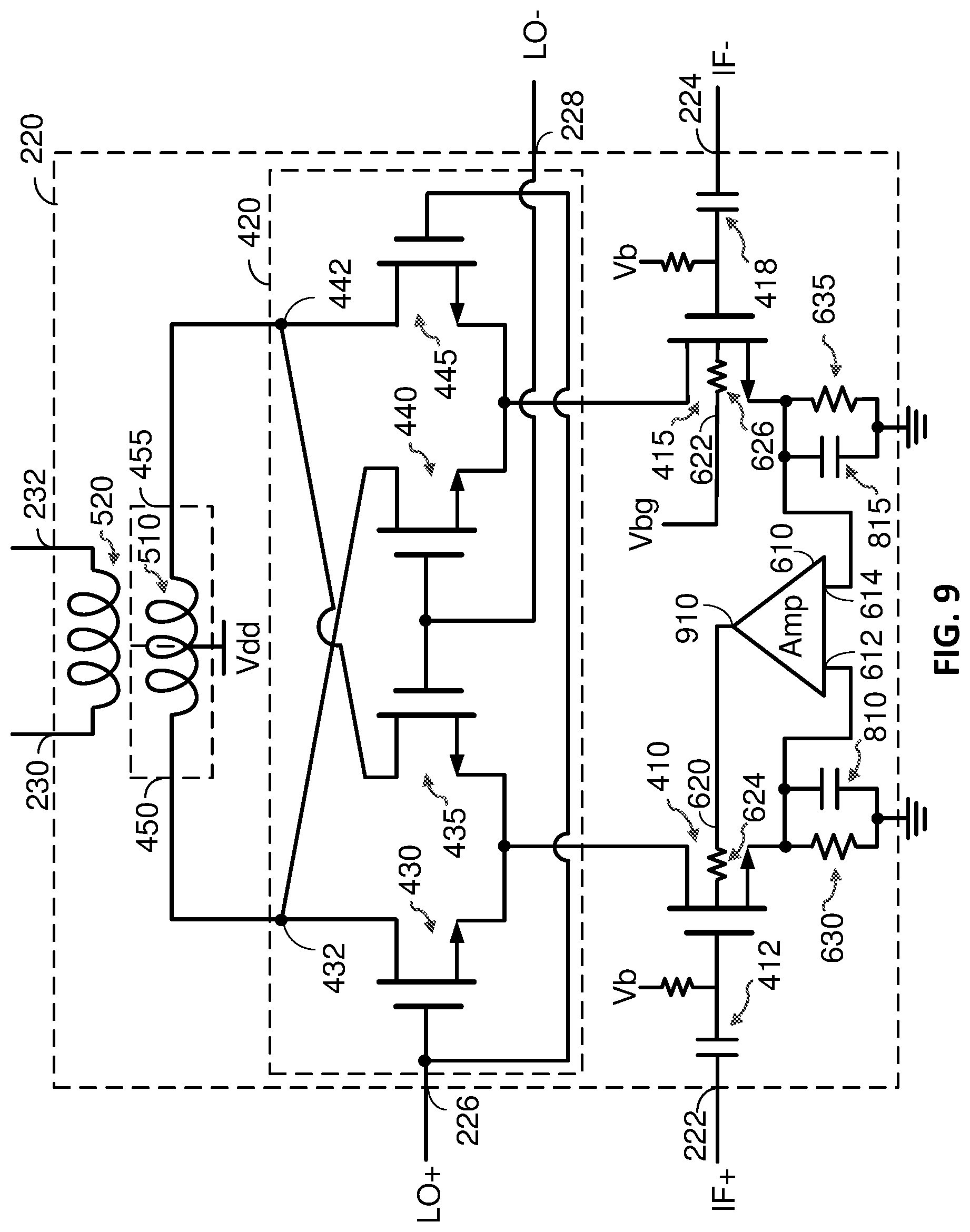 Patent US12620936 Figure 9 – Mixer with reduced local oscillator (LO) leakage