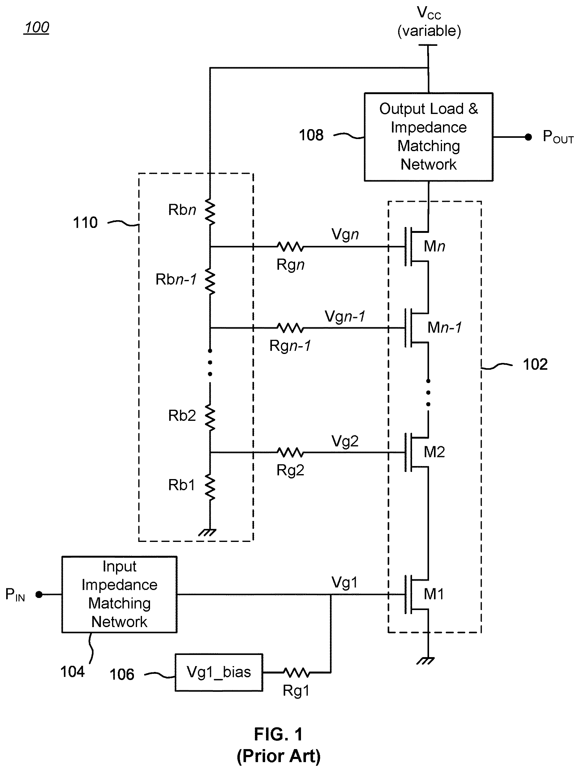 Patent US12620942 Figure 1 – Bias circuit for stacked power amplifiers with a variable power supply