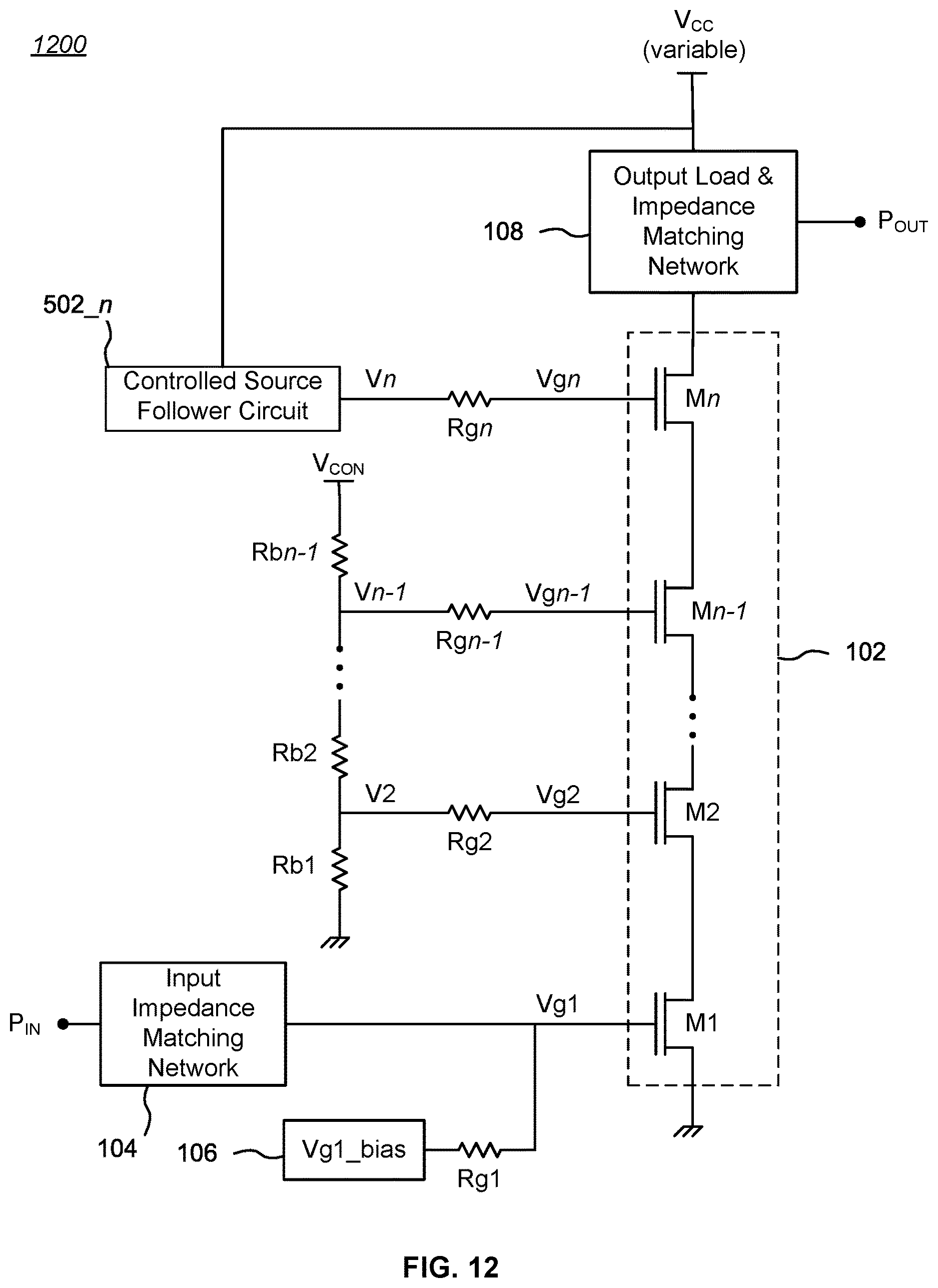Patent US12620942 Figure 8 – Bias circuit for stacked power amplifiers with a variable power supply