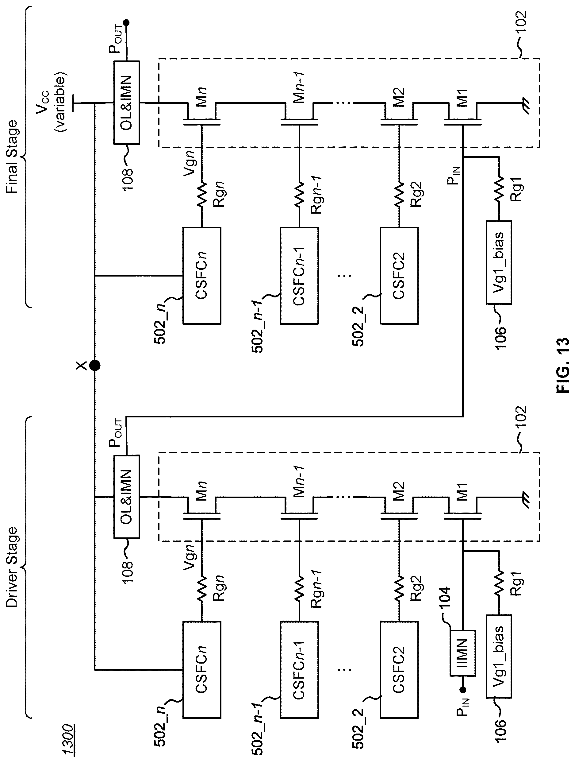 Patent US12620942 Figure 9 – Bias circuit for stacked power amplifiers with a variable power supply
