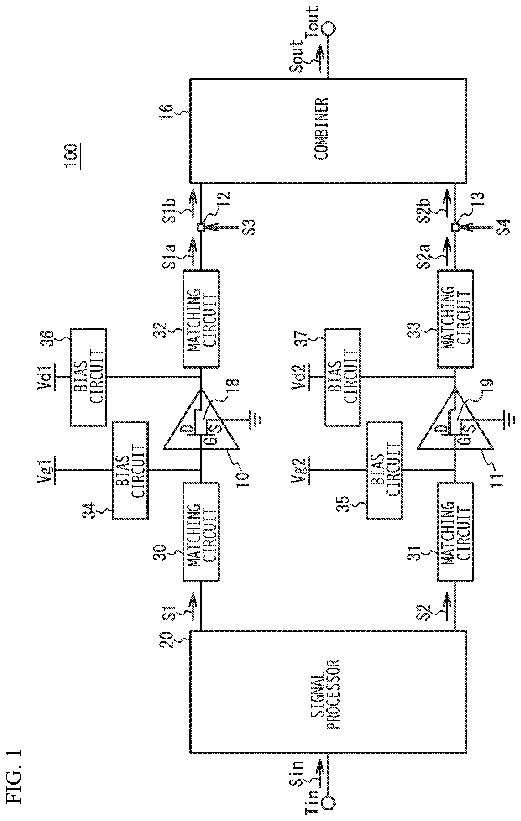 Patent US12620946 Figure 1 – Outphasing amplifier and signal processor for outphasing amplifier
