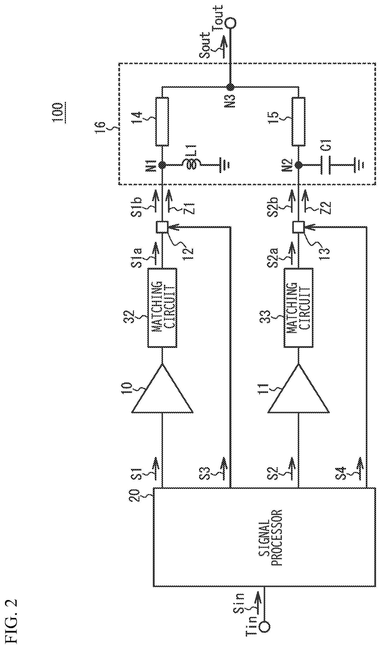 Patent US12620946 Figure 2 – Outphasing amplifier and signal processor for outphasing amplifier