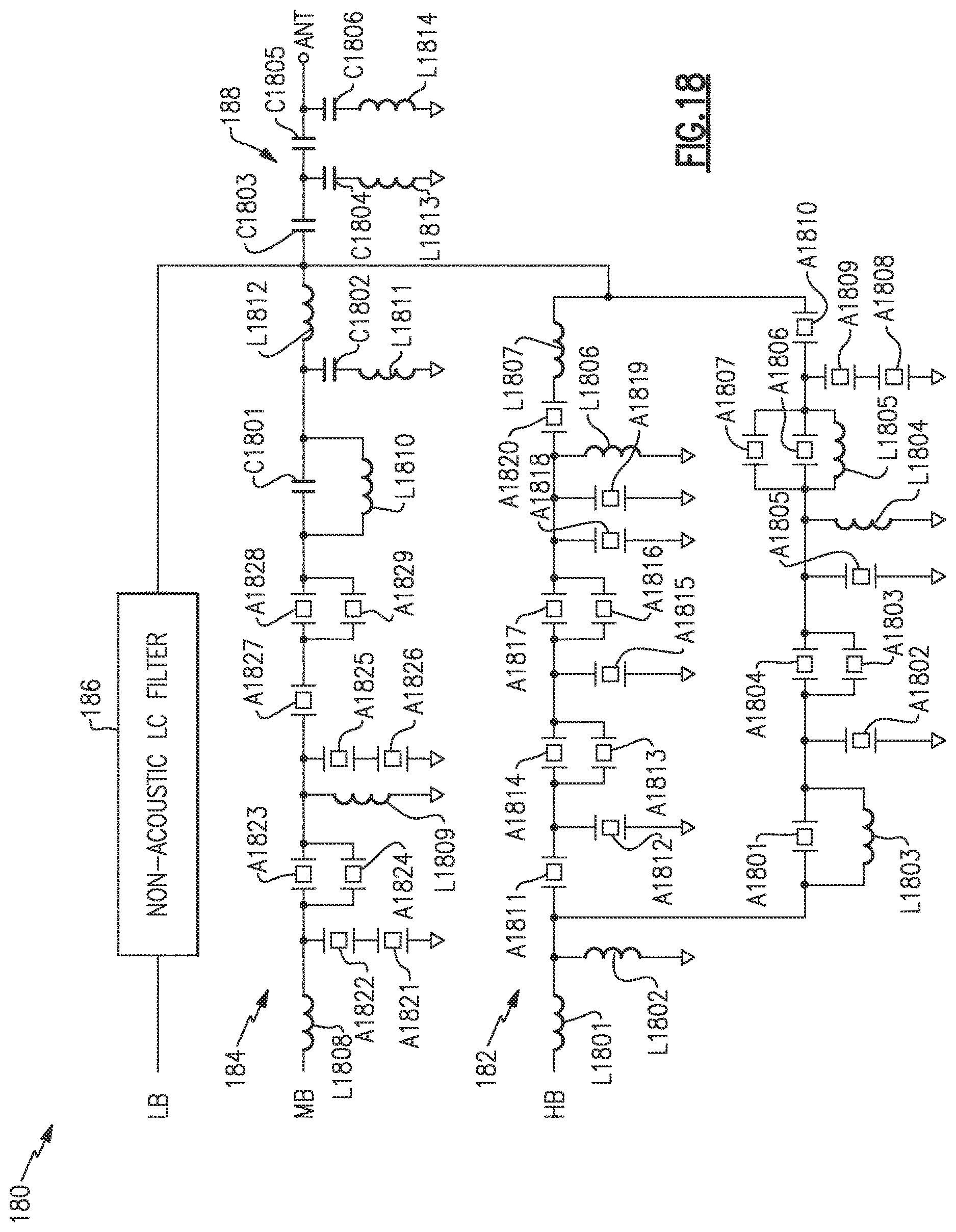 Patent US12620958 Figure 16 – Multiplexer with hybrid acoustic passive filter