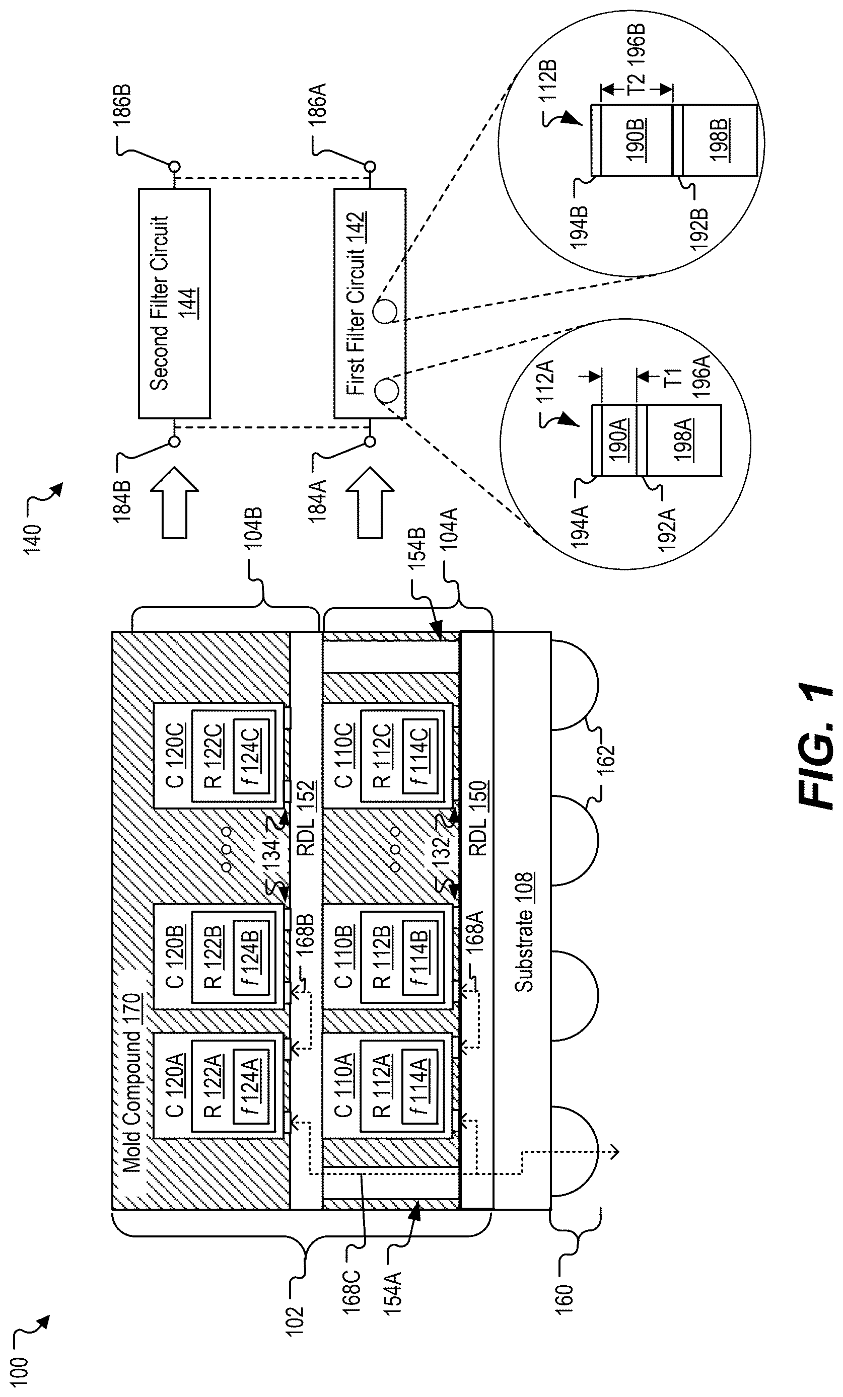 Patent US12620970 Figure 1 – Integrated devices with multiple acoustic resonator chiplets