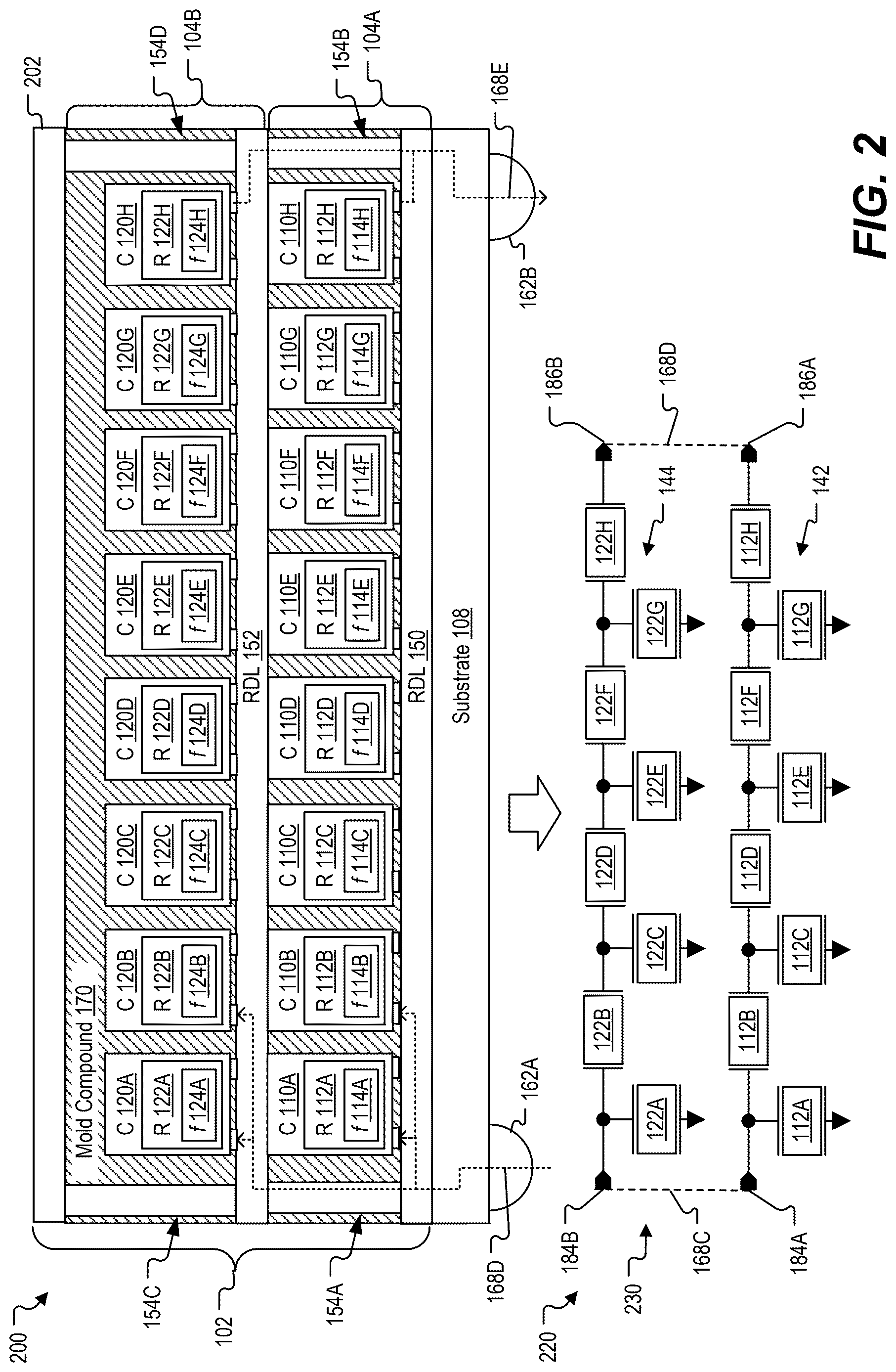 Patent US12620970 Figure 2 – Integrated devices with multiple acoustic resonator chiplets