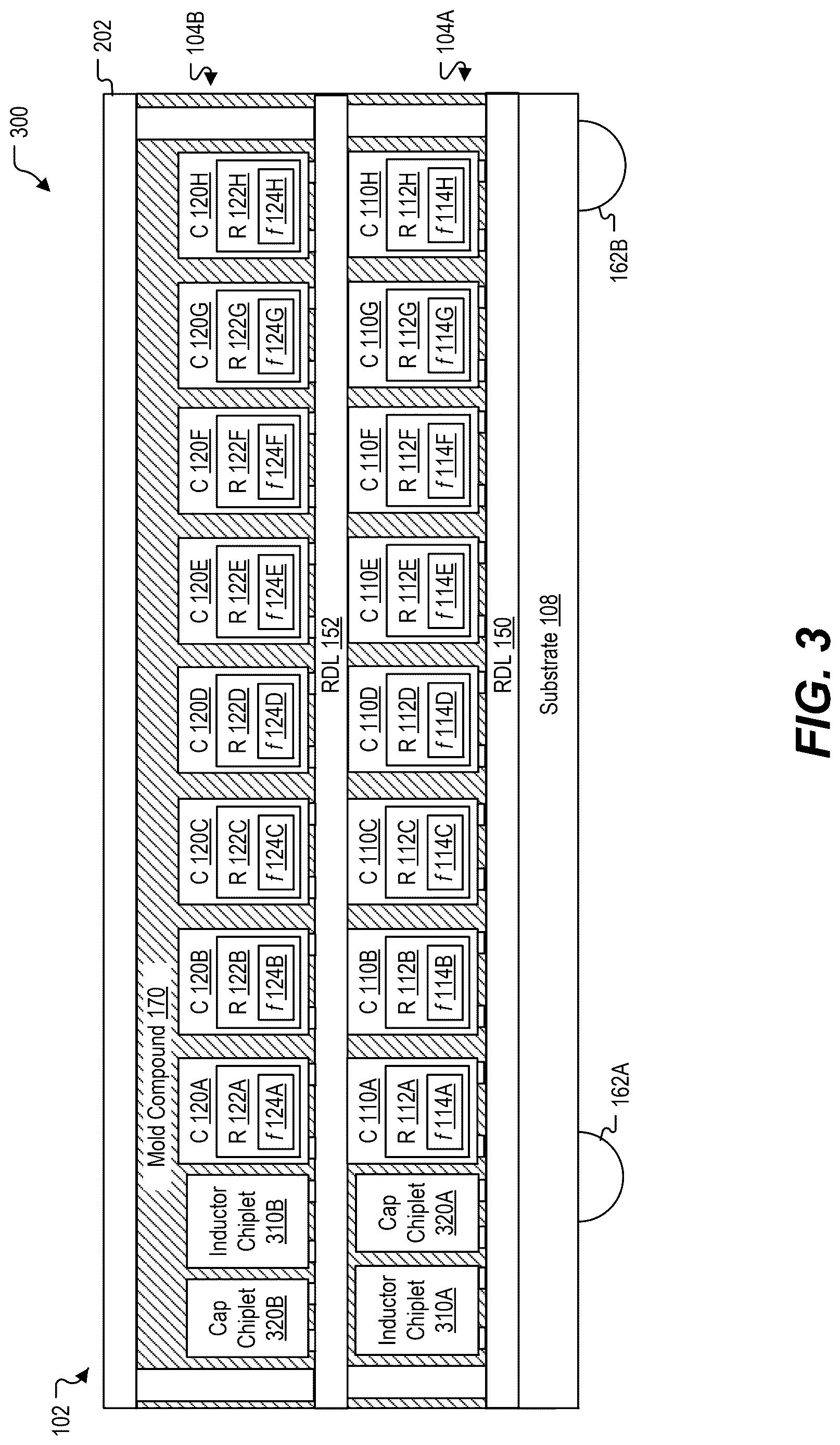 Patent US12620970 Figure 3 – Integrated devices with multiple acoustic resonator chiplets