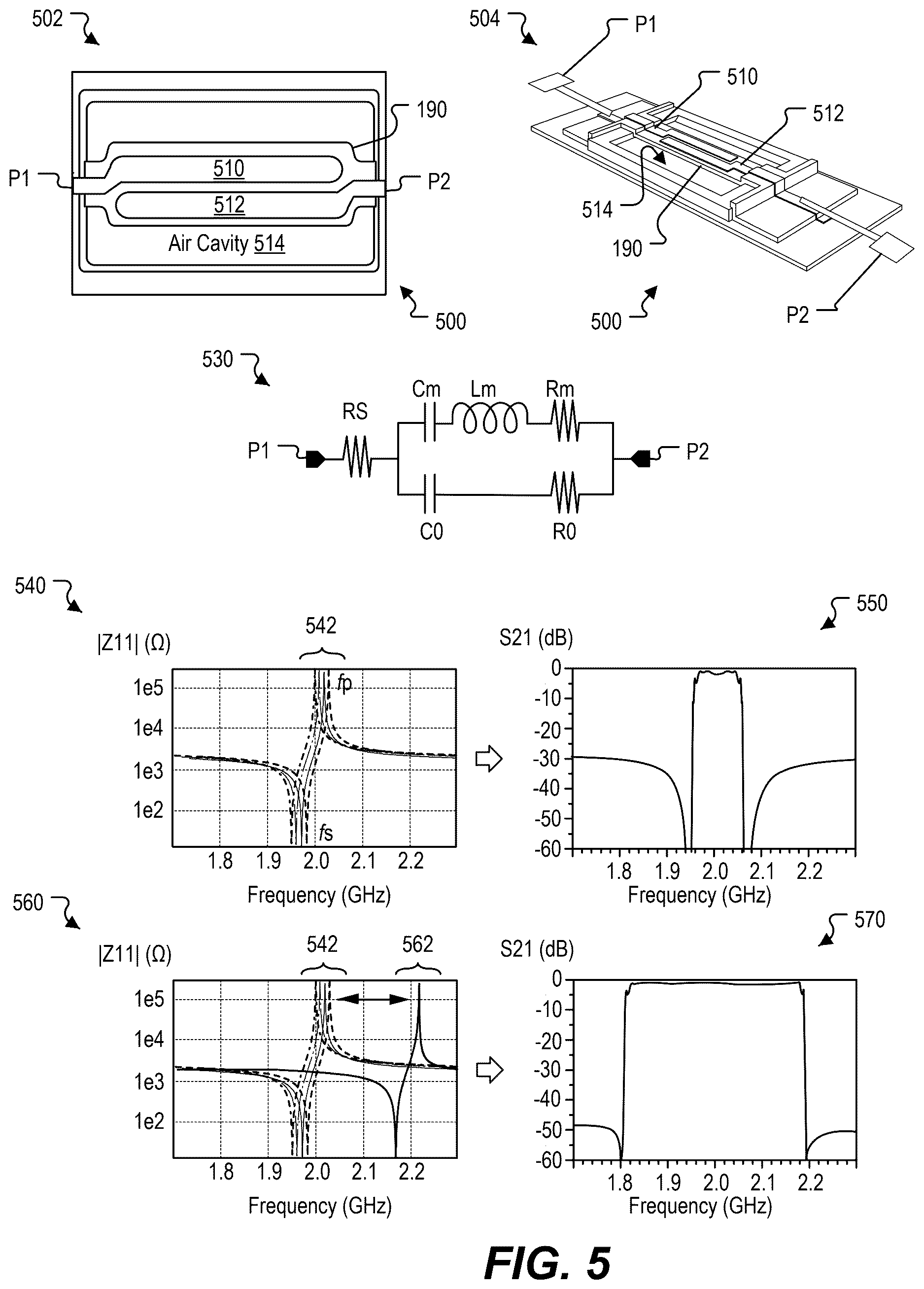Patent US12620970 Figure 5 – Integrated devices with multiple acoustic resonator chiplets