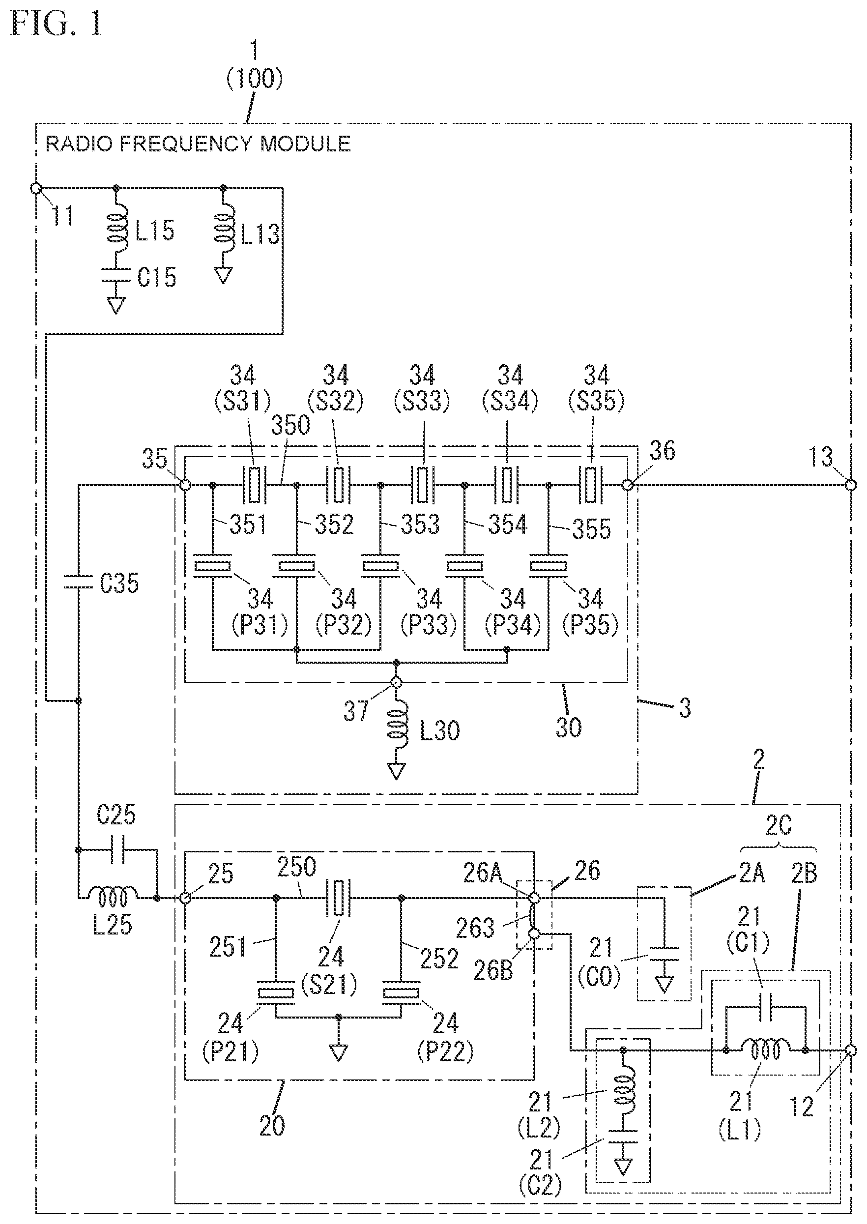 Patent US12620973 Figure 1 – Radio frequency module and communication device