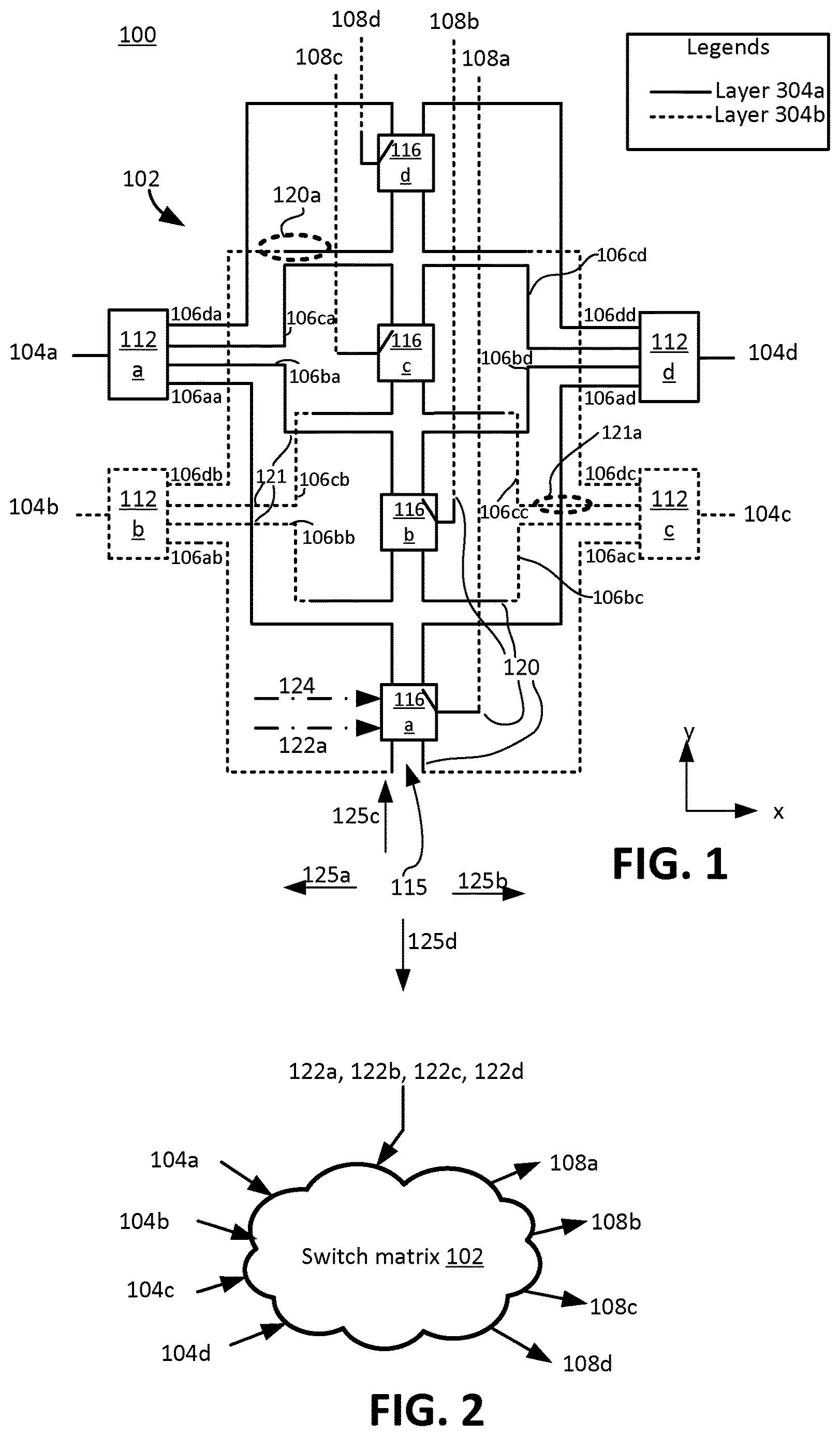 Patent US12621186 Figure 1 – Switch matrix topology for routing high frequency signals