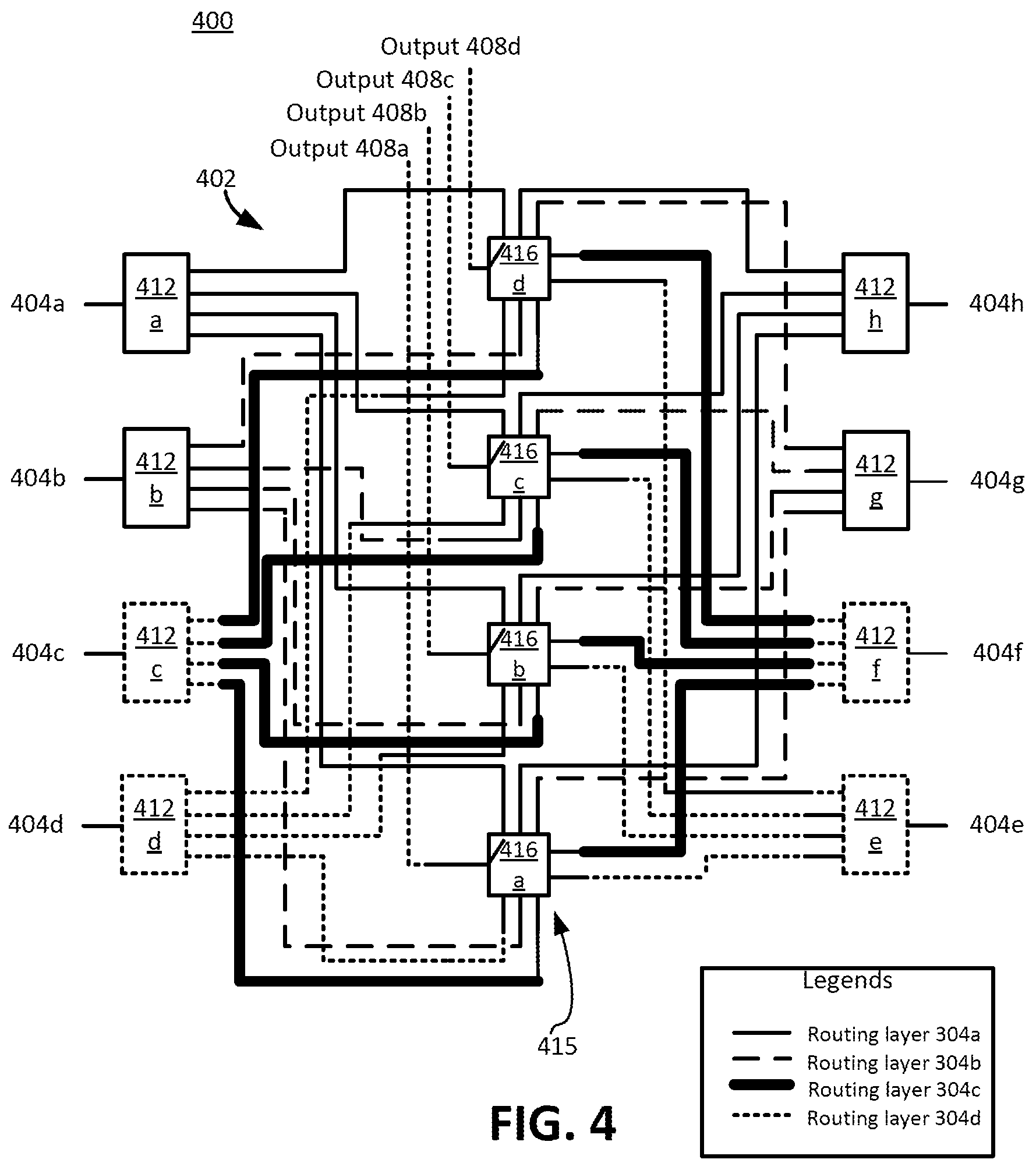Patent US12621186 Figure 4 – Switch matrix topology for routing high frequency signals
