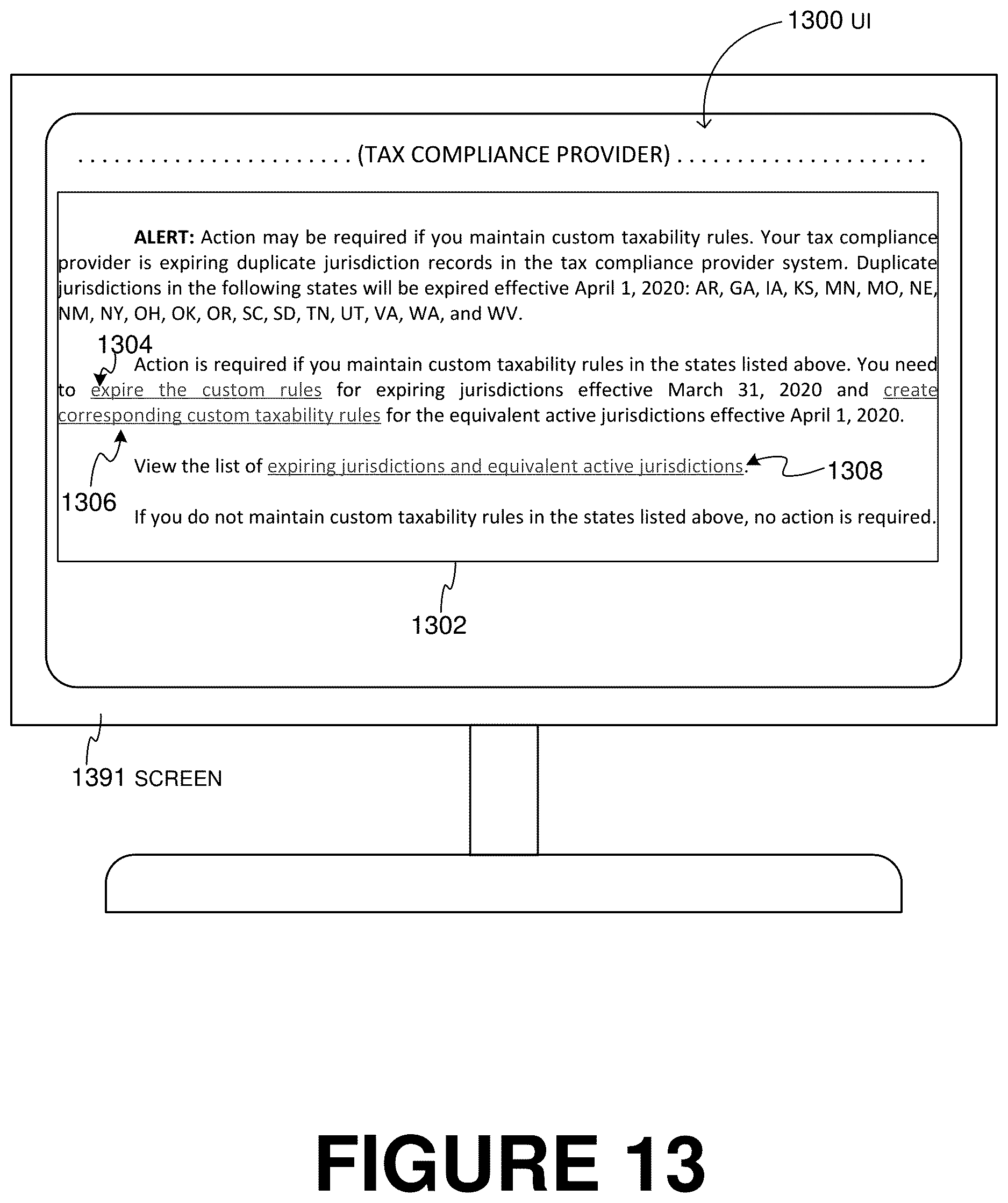 Patent US12621371 Figure 13 – Smart alerting of entity of online software platform (OSP) about their user profile and custom rules being impacted by underlying changes in data that the OSP uses to process the entity data