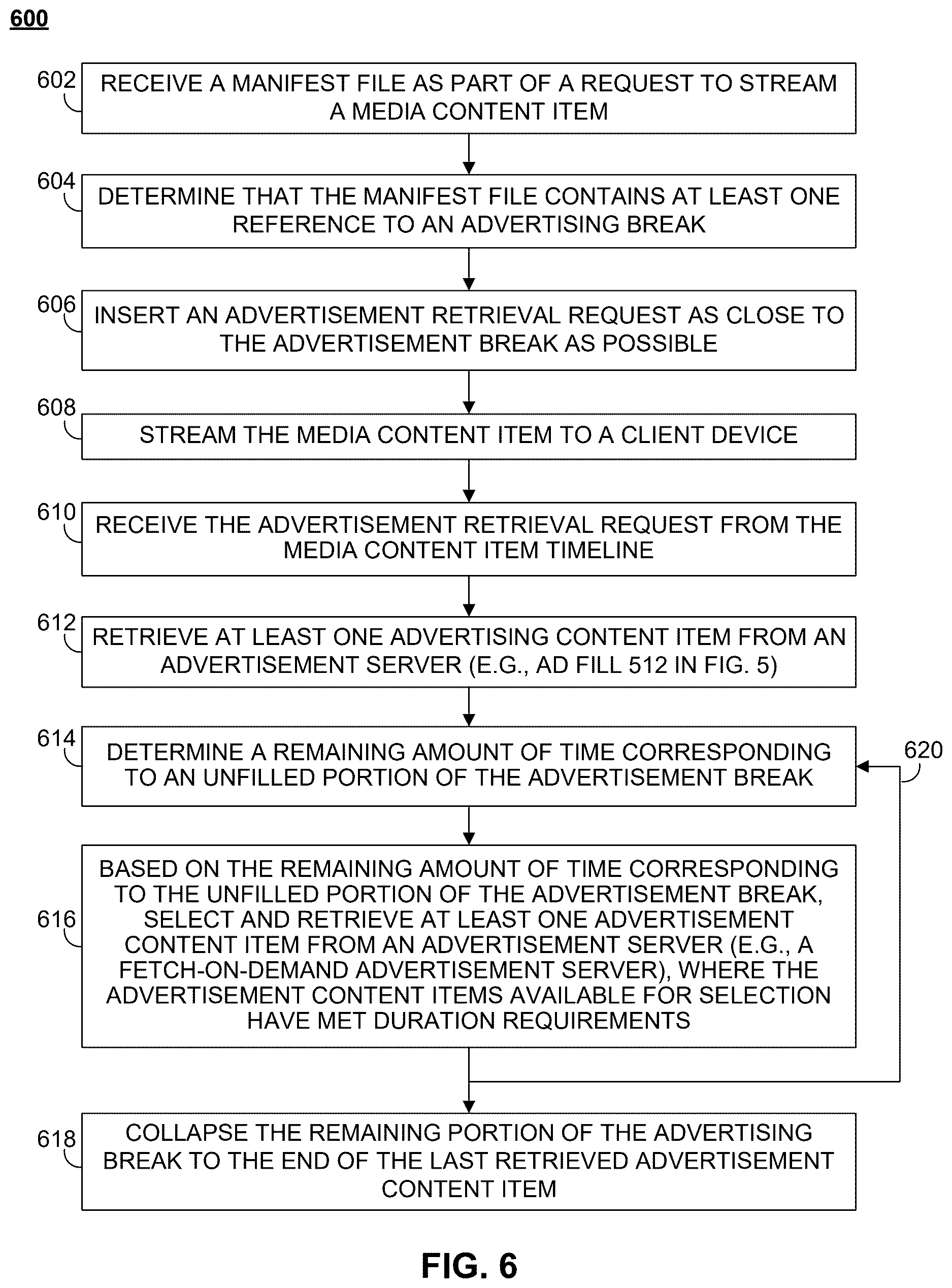 Patent US12621508 Figure 6 – Methods, systems, and media for streaming media content items containing advertising content