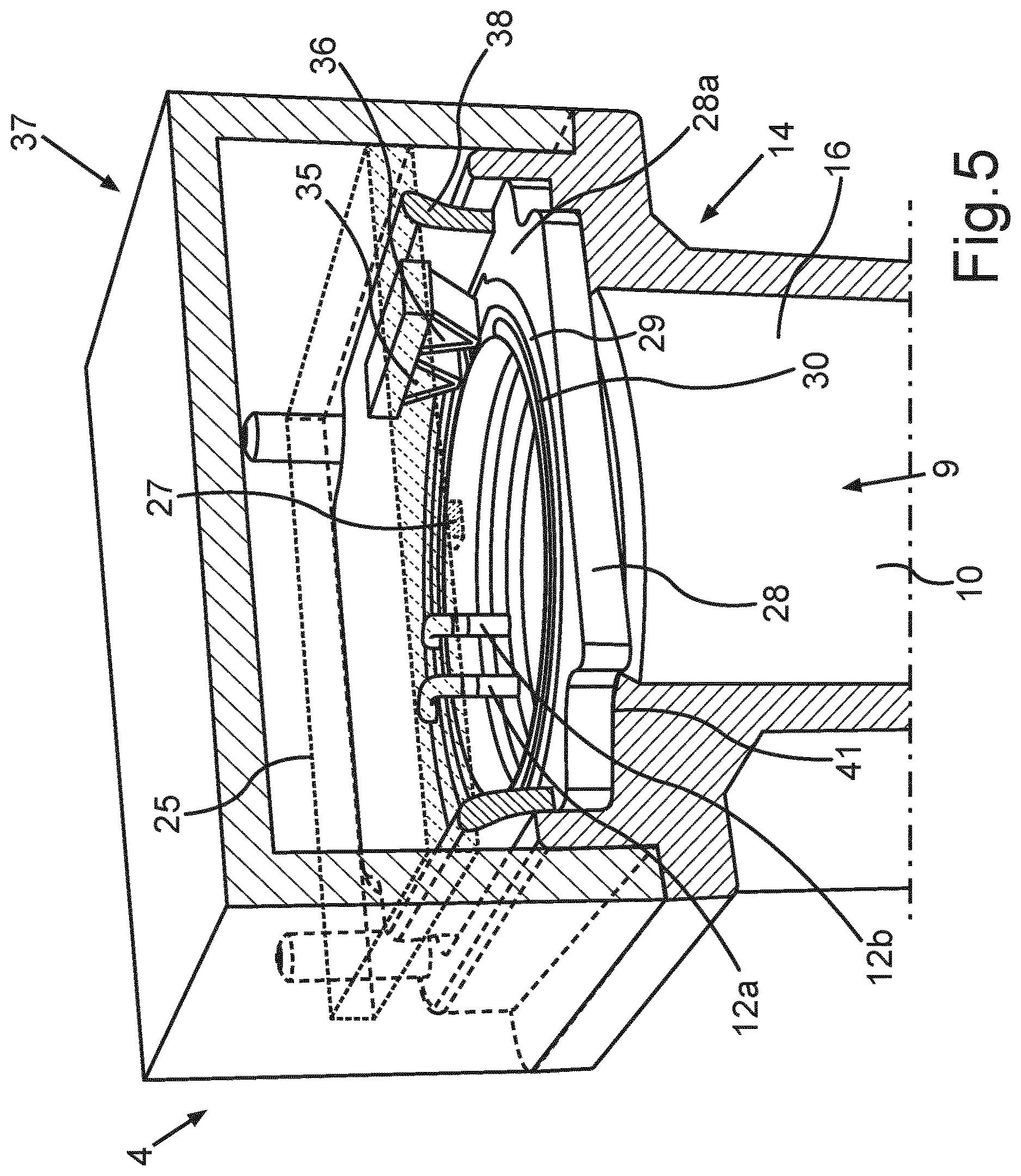 Patent US12621549 Figure 4 – Camera for a motor vehicle with specific sealing between a housing front part and a circuit board, as well as motor vehicle