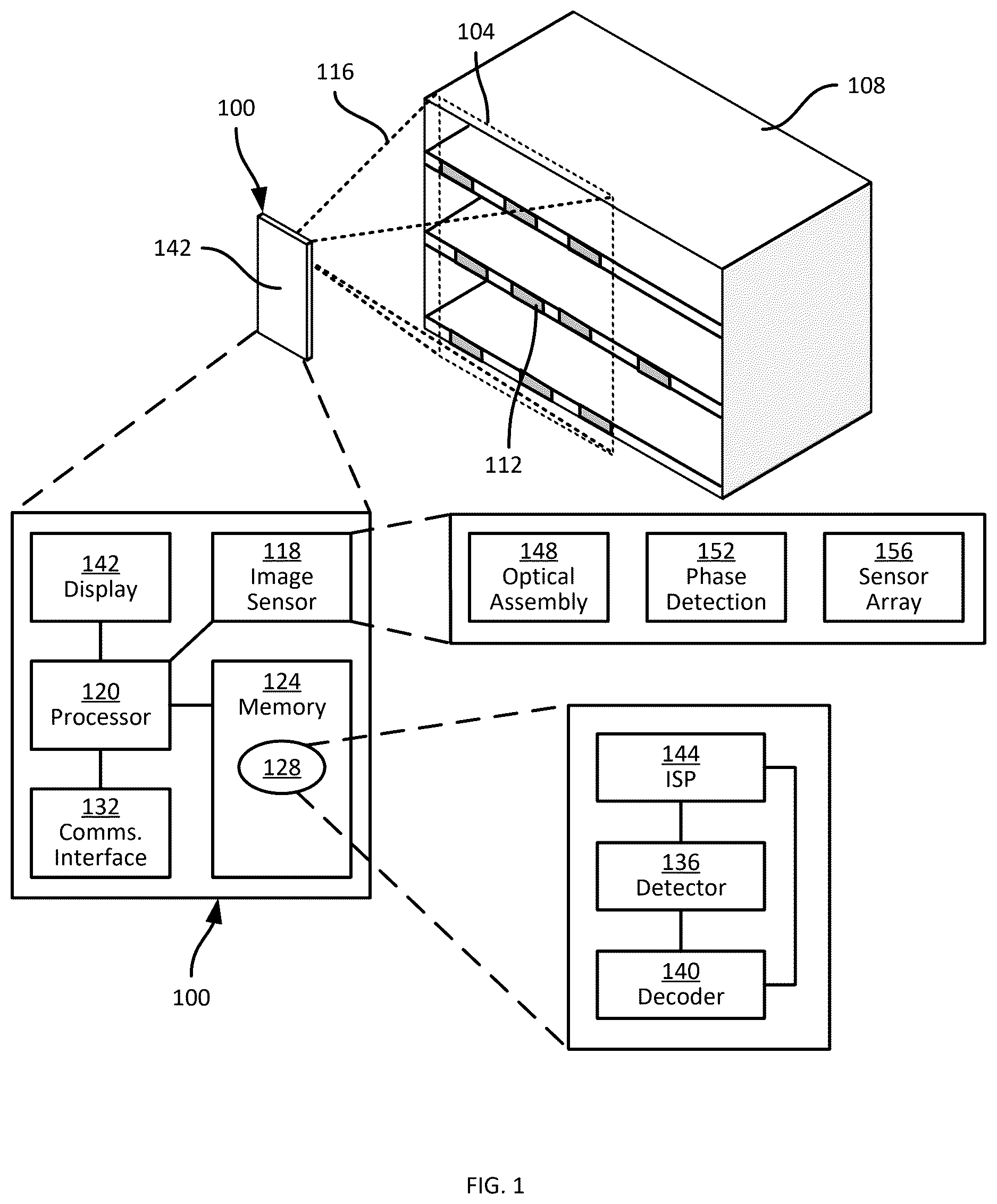 Patent US12621566 Figure 1 – Region of interest-based phase detection autofocus control for barcode decoding
