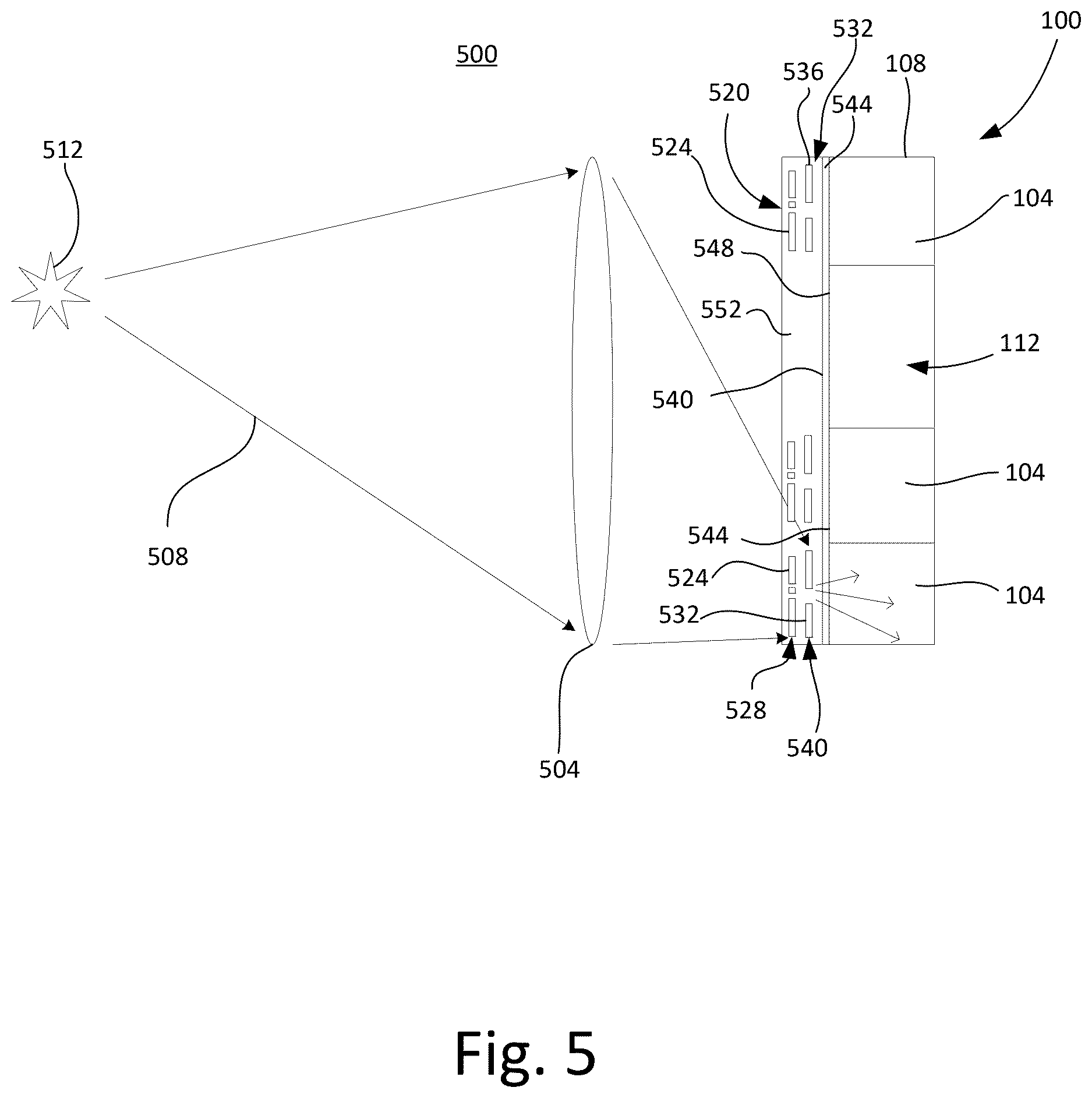 Patent US12621578 Figure 5 – Hyperspectral sensor with diffractive focusing elements and color filters