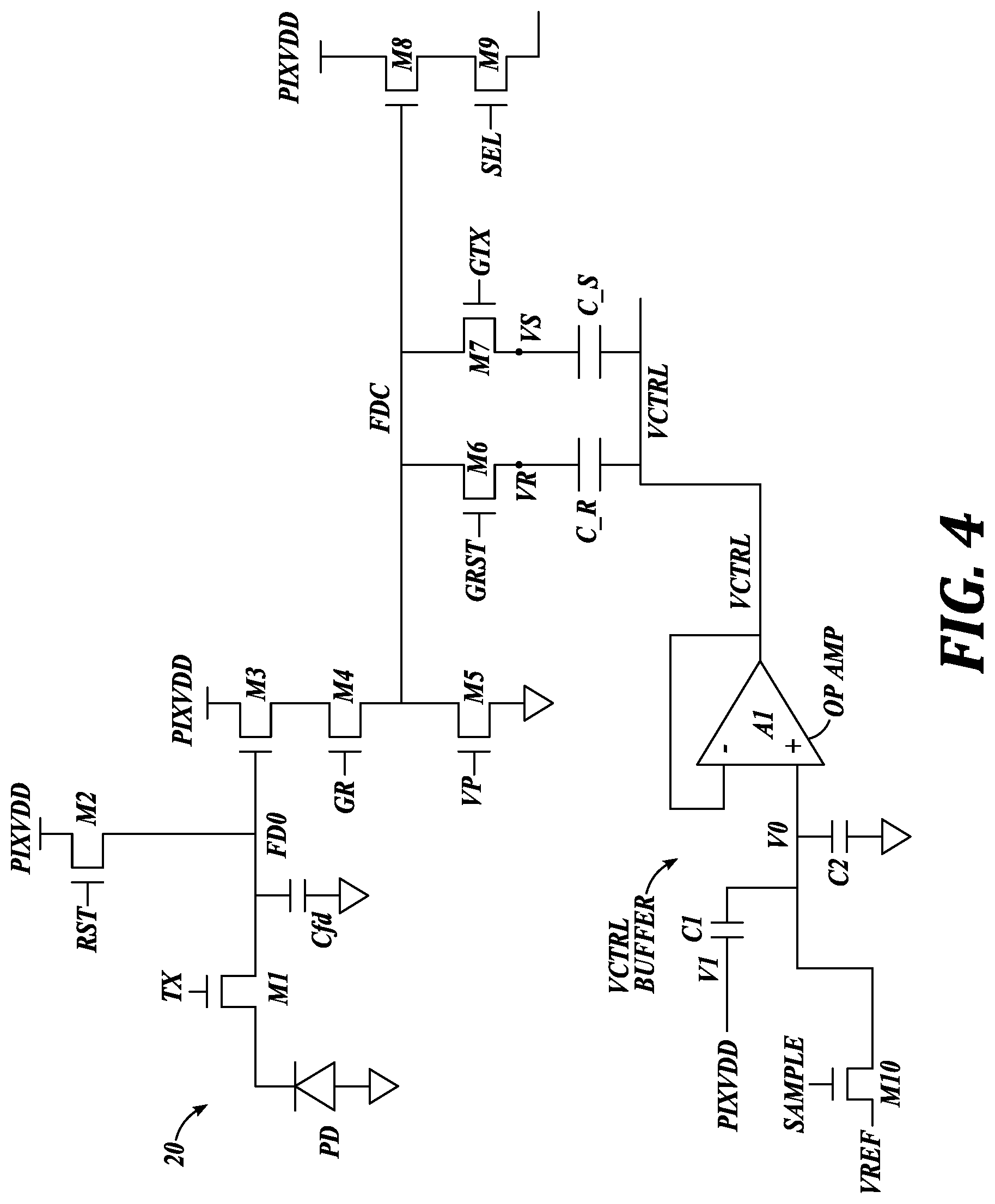 Patent US12621579 Figure 4 – Pixel-circuit supply noise cancellation