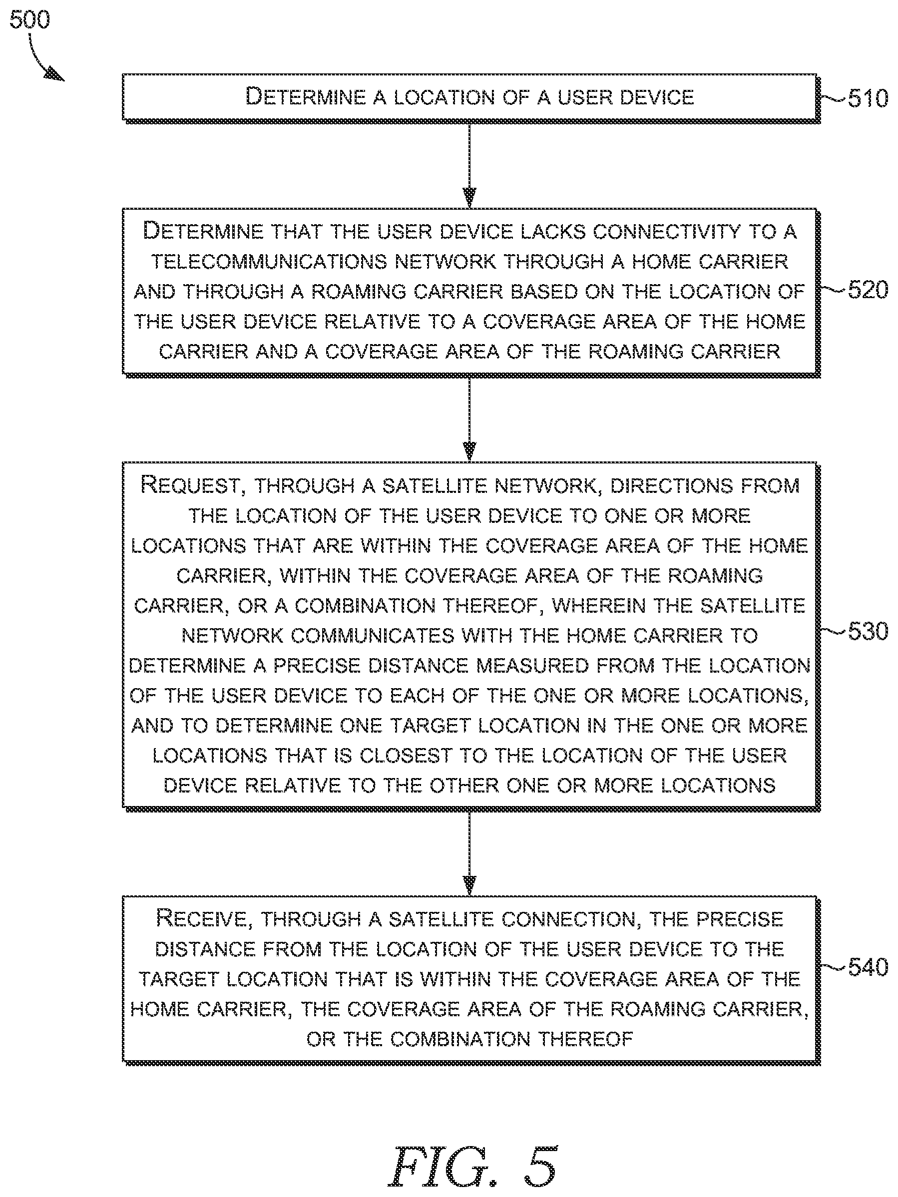 Patent US12621632 Figure 5 – No service emergency locate for network coverage