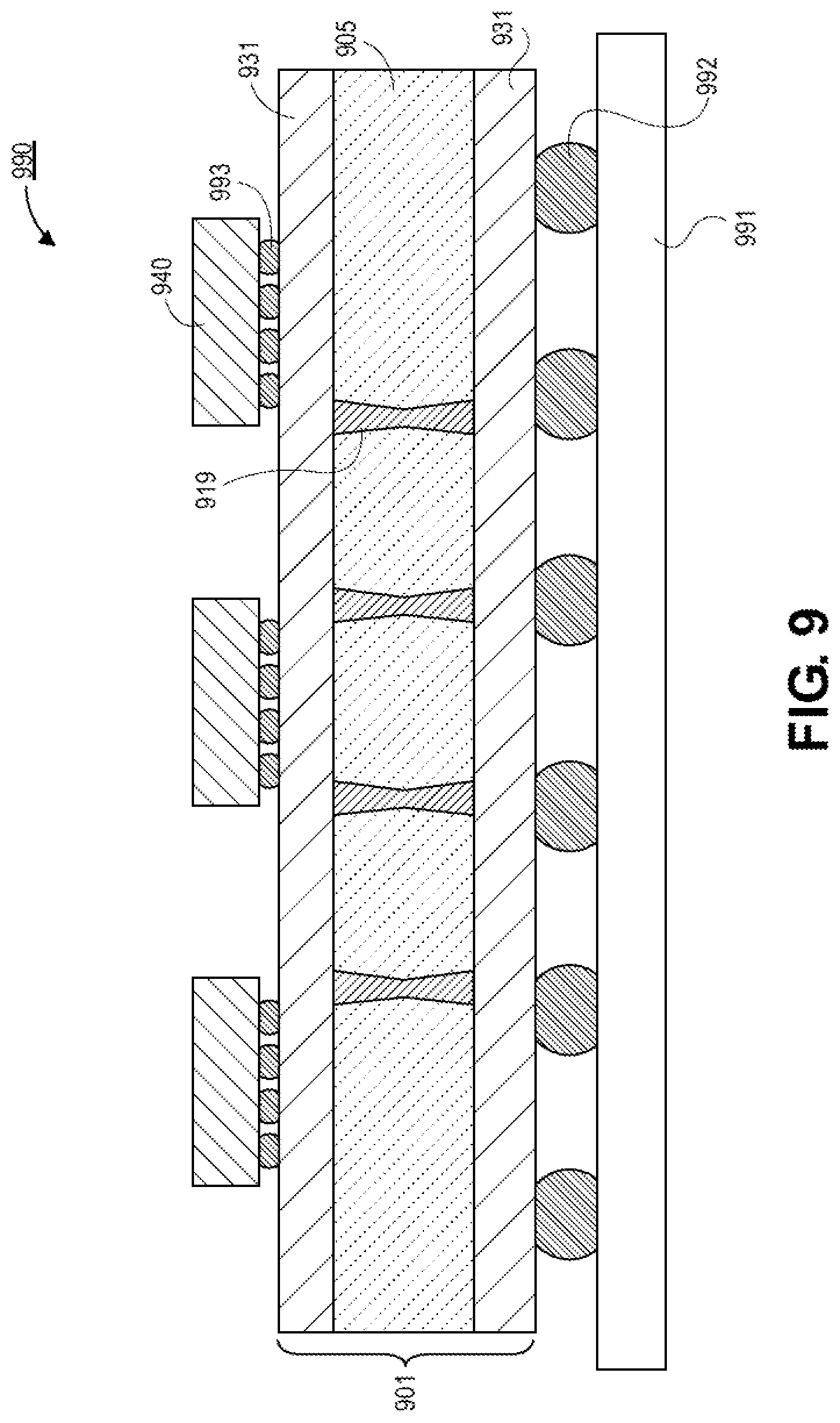 Patent US12621937 Figure 14 – Package substrate including core with trench vias and planes