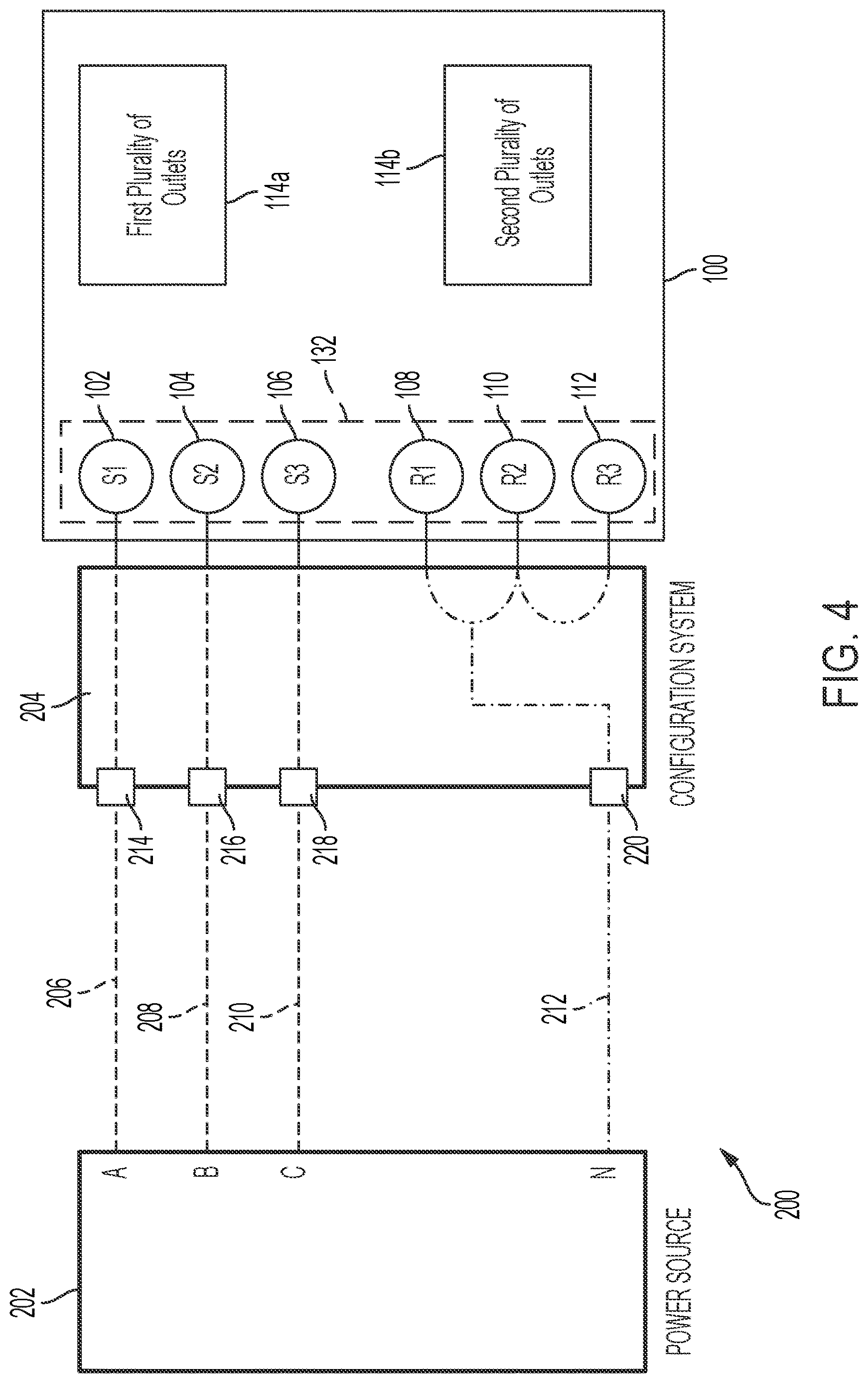 Patent US12621948 Figure 4 – Rack power distribution unit with configurable phase control