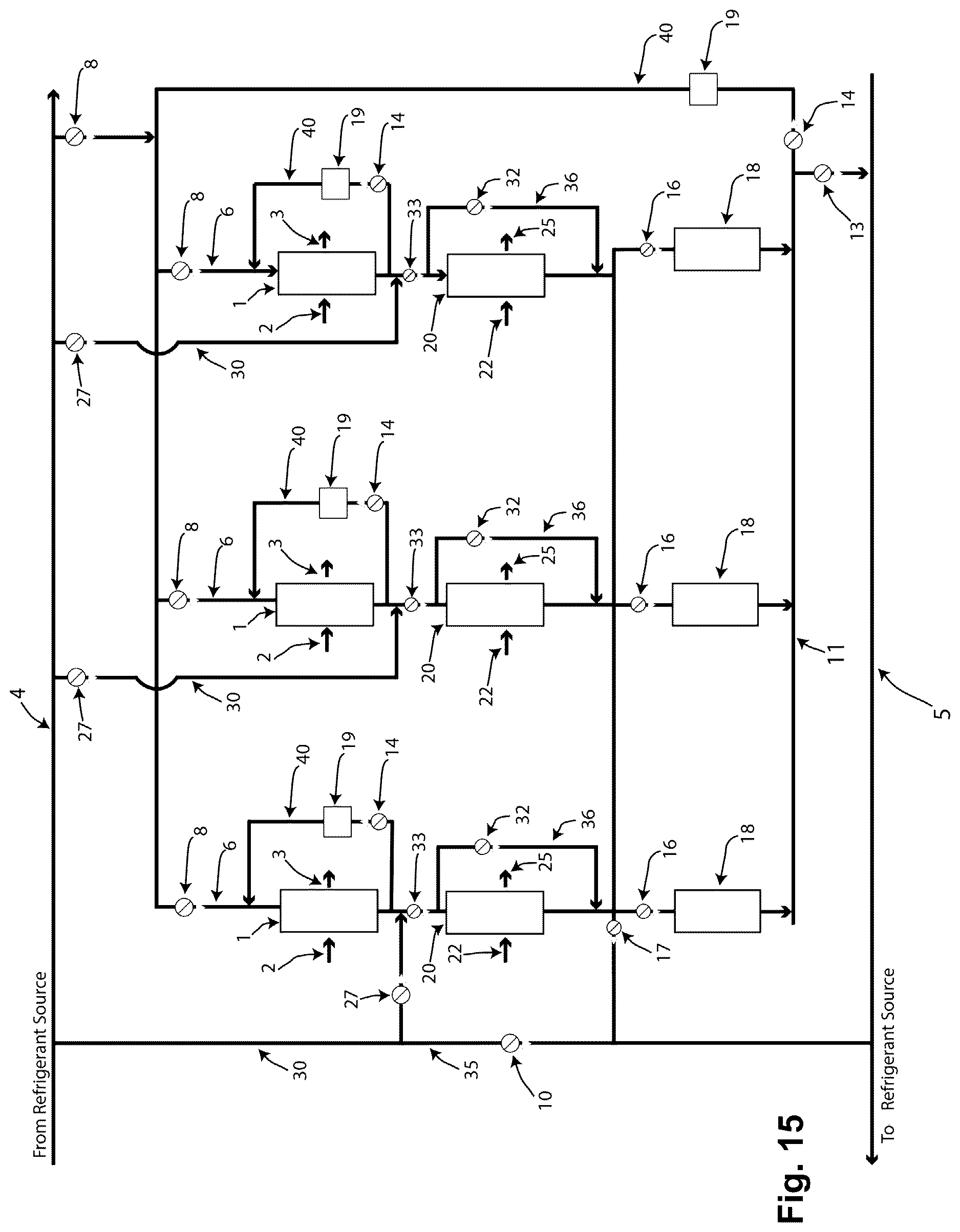 Patent US12621965 Figure 15 – High-efficiency cooling systems and methods for a computer data center using refrigerant recirculation