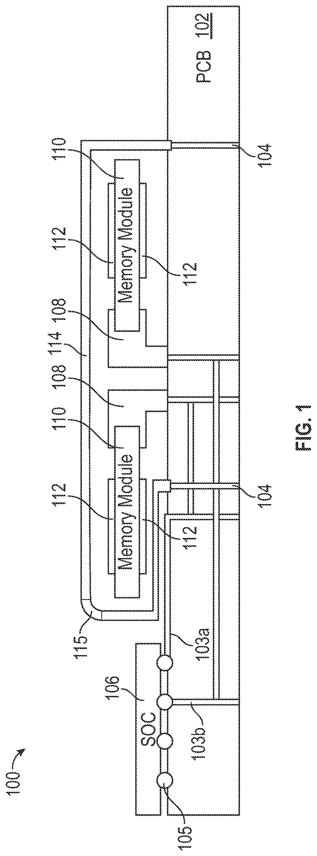 Patent US12621970 Figure 1 – Electromagnetic interference shield extending underneath memory modules