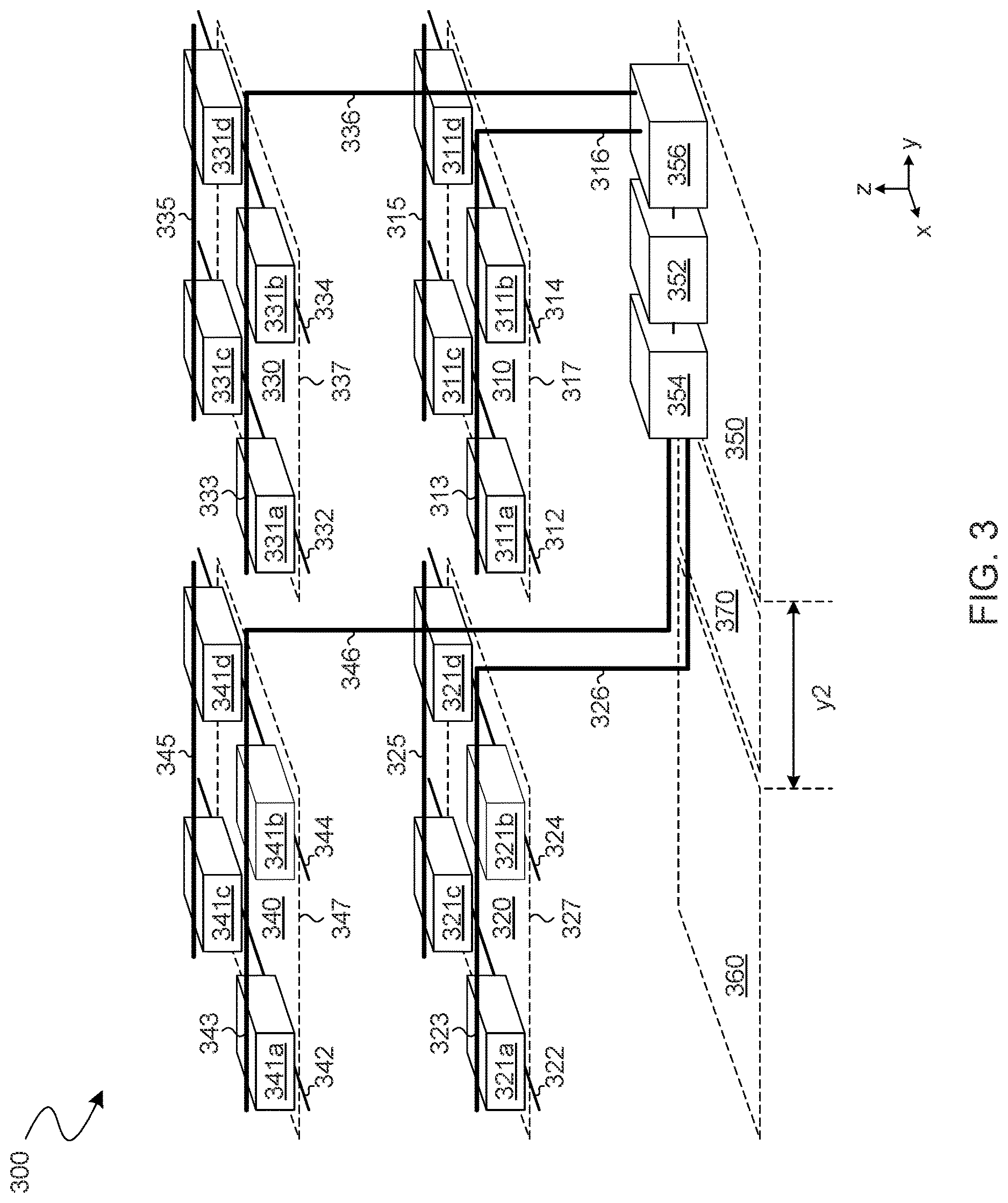 Patent US12621986 Figure 3 – Memory device with peripheral circuitry which extends under a back end memory array