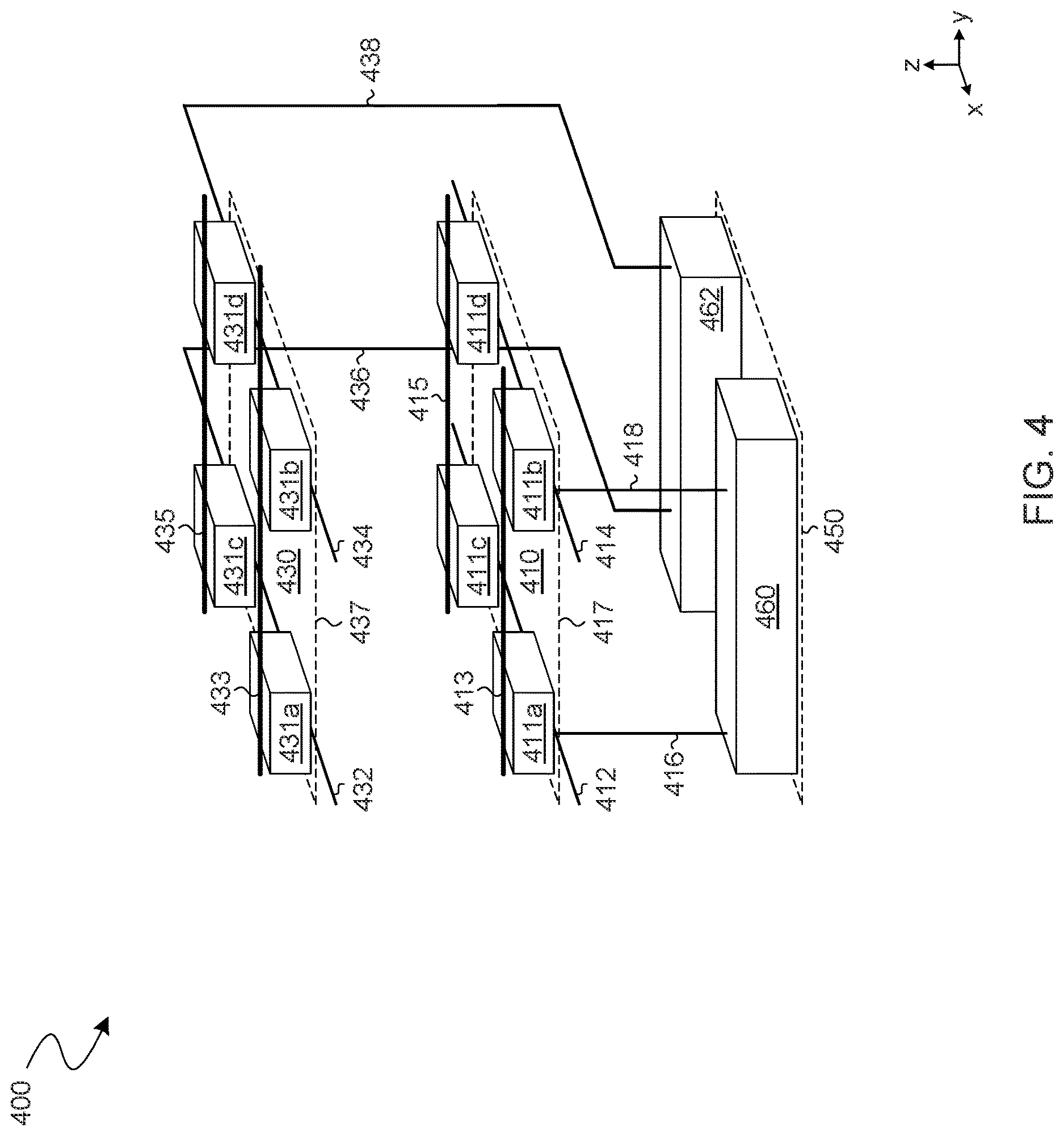 Patent US12621986 Figure 4 – Memory device with peripheral circuitry which extends under a back end memory array