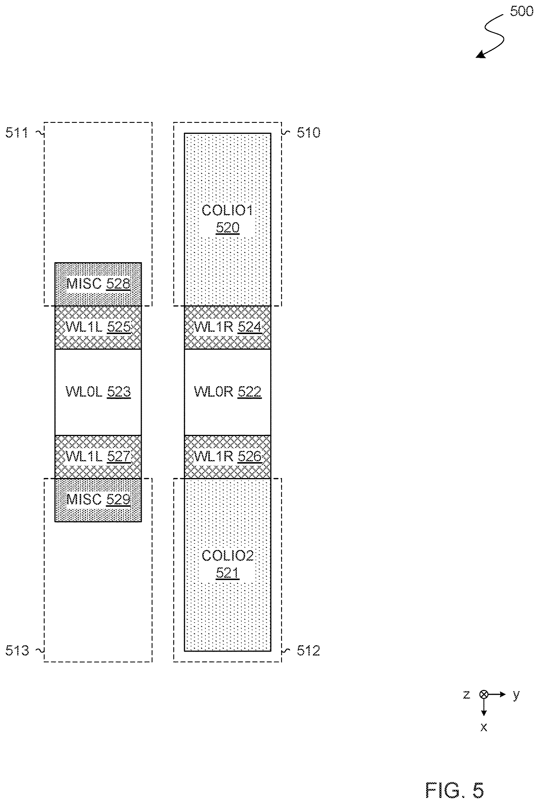 Patent US12621986 Figure 5 – Memory device with peripheral circuitry which extends under a back end memory array