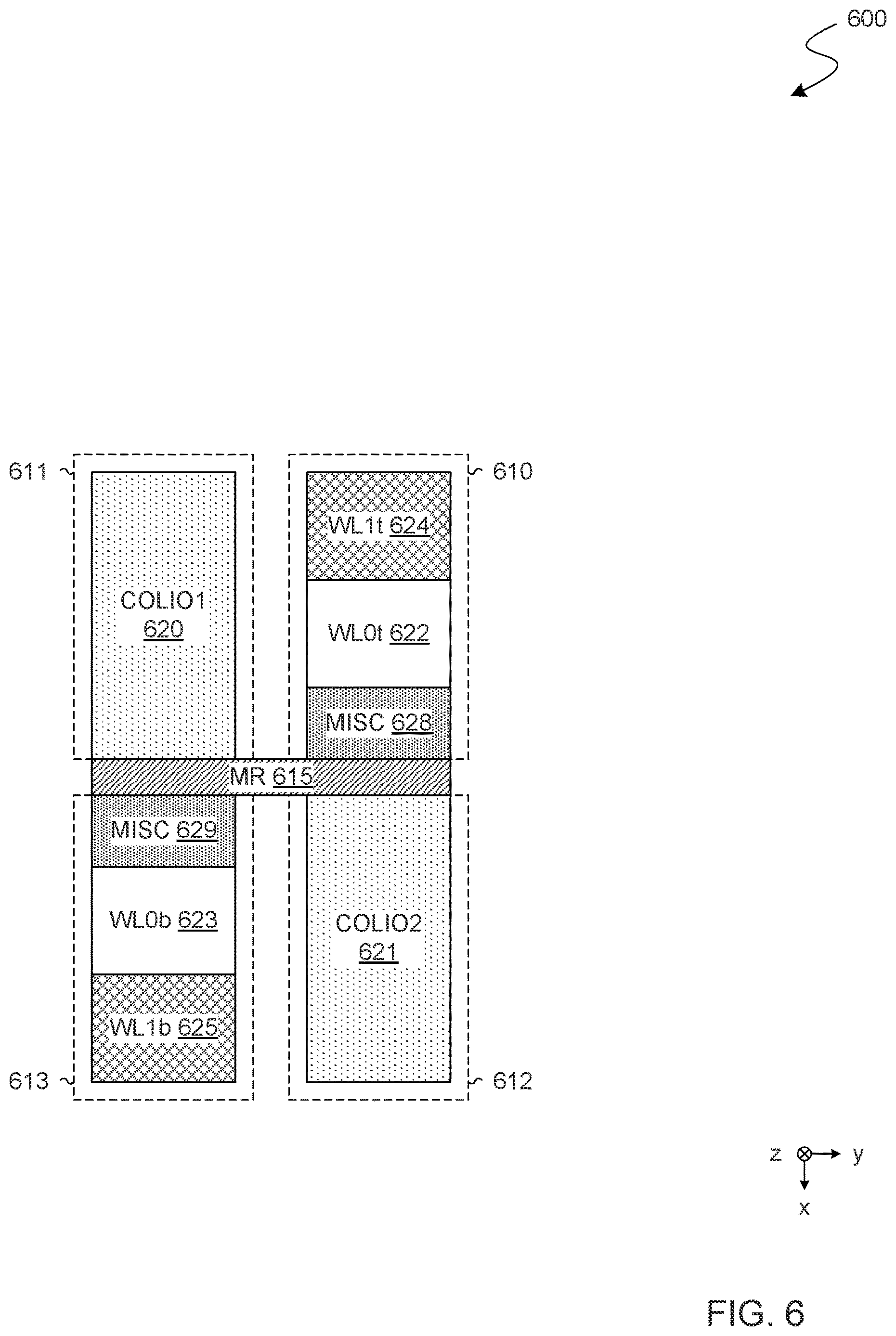 Patent US12621986 Figure 6 – Memory device with peripheral circuitry which extends under a back end memory array