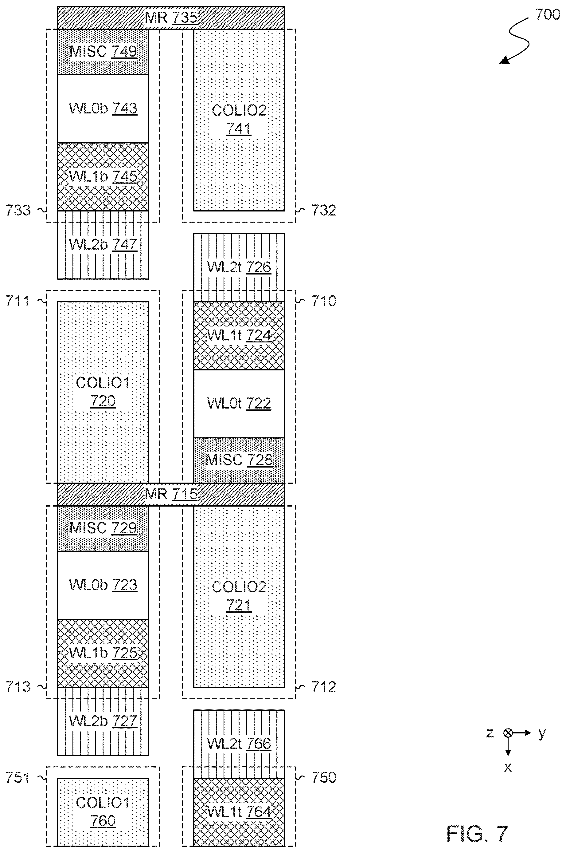 Patent US12621986 Figure 7 – Memory device with peripheral circuitry which extends under a back end memory array