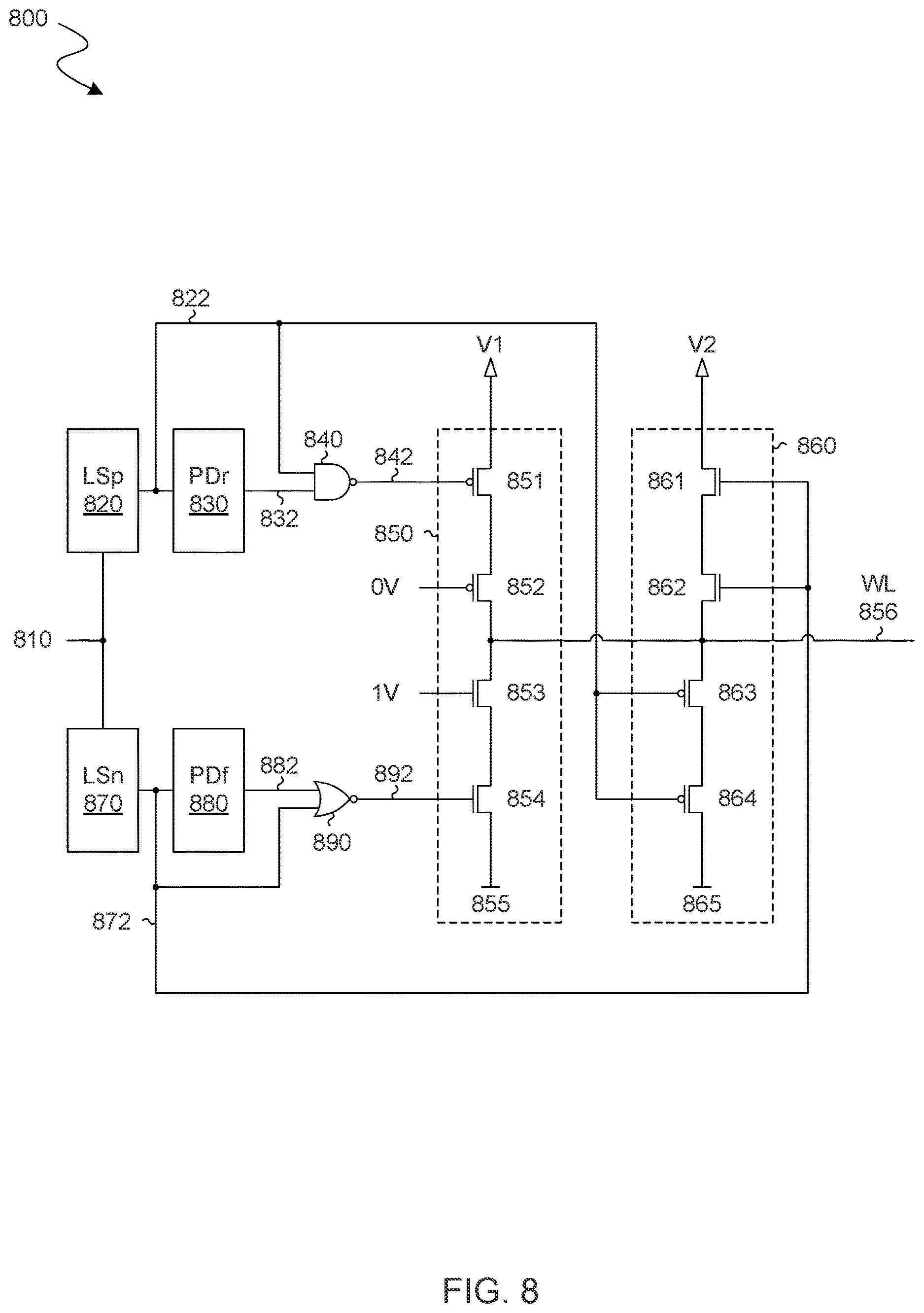 Patent US12621986 Figure 8 – Memory device with peripheral circuitry which extends under a back end memory array