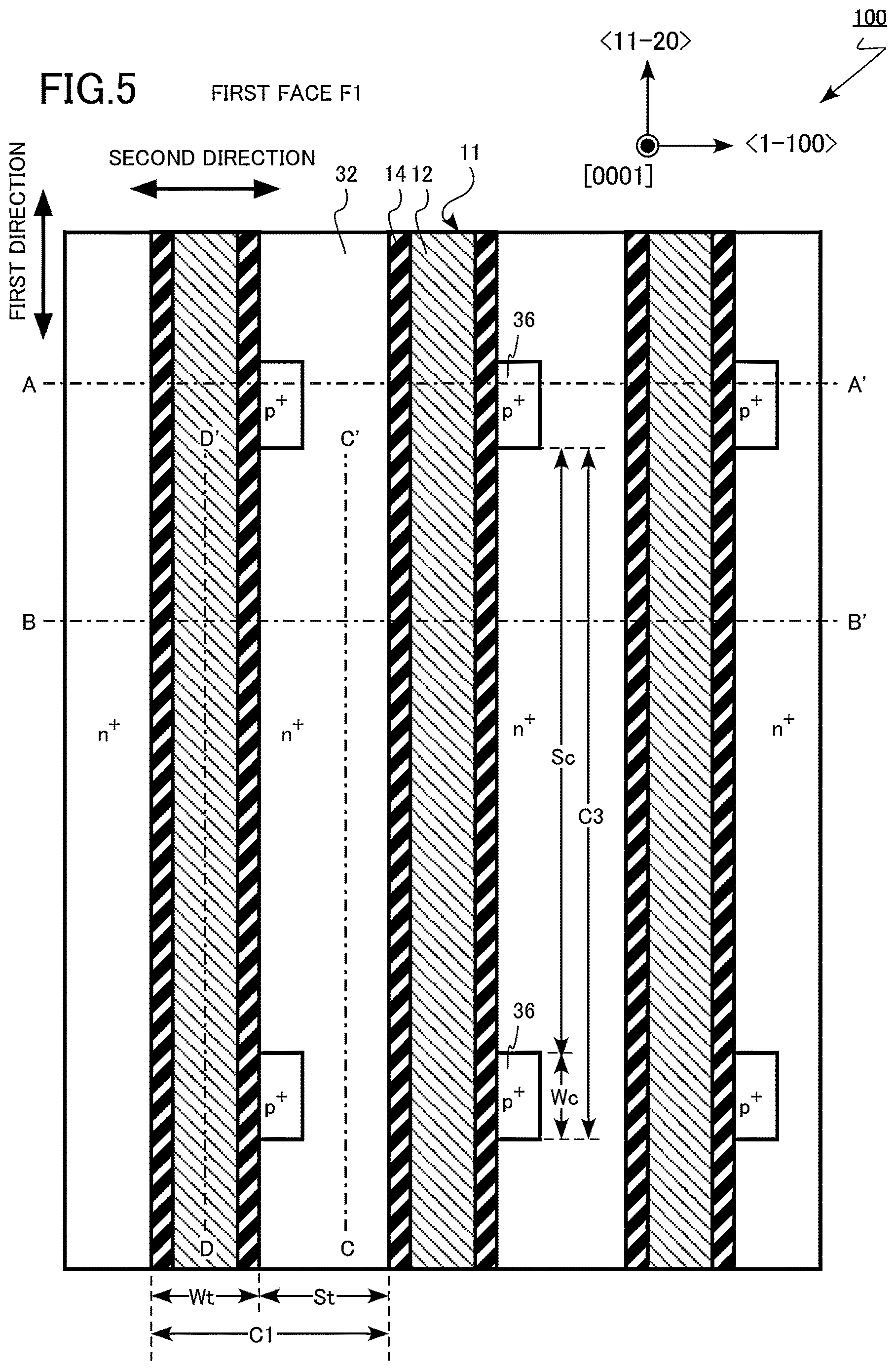 Patent US12622046 Figure 5 – Semiconductor device, inverter circuit, drive device, vehicle, and elevator