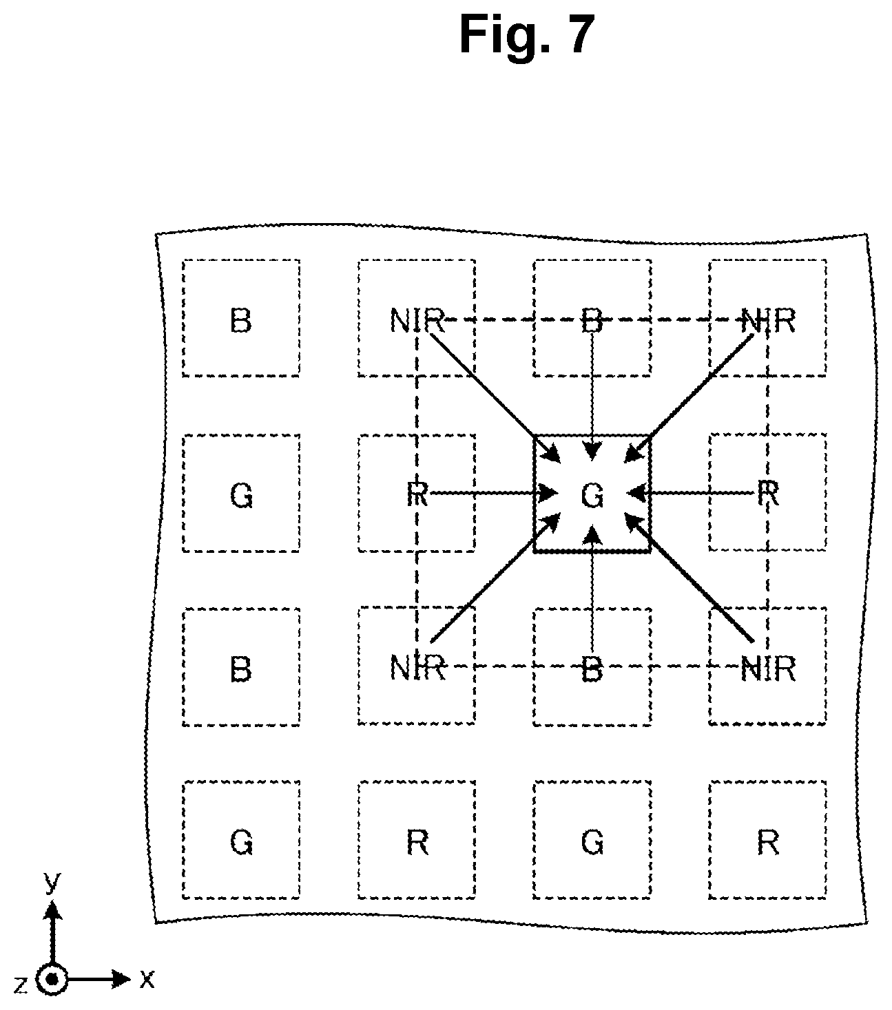 Patent US12622079 Figure 7 – Optical element, image sensor and imaging device for wavwlength-dependent focusing of visible and near-infrared light