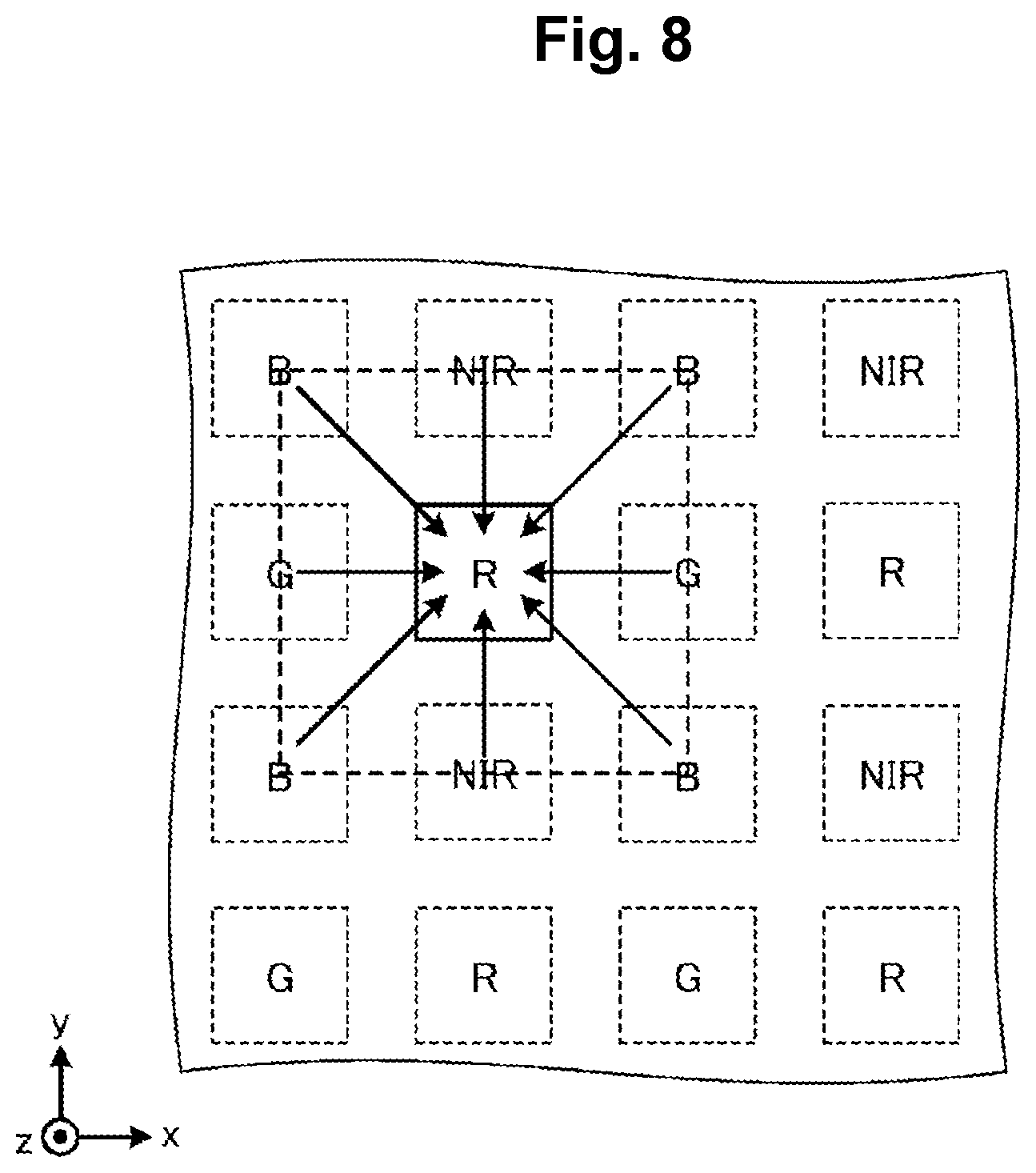 Patent US12622079 Figure 8 – Optical element, image sensor and imaging device for wavwlength-dependent focusing of visible and near-infrared light
