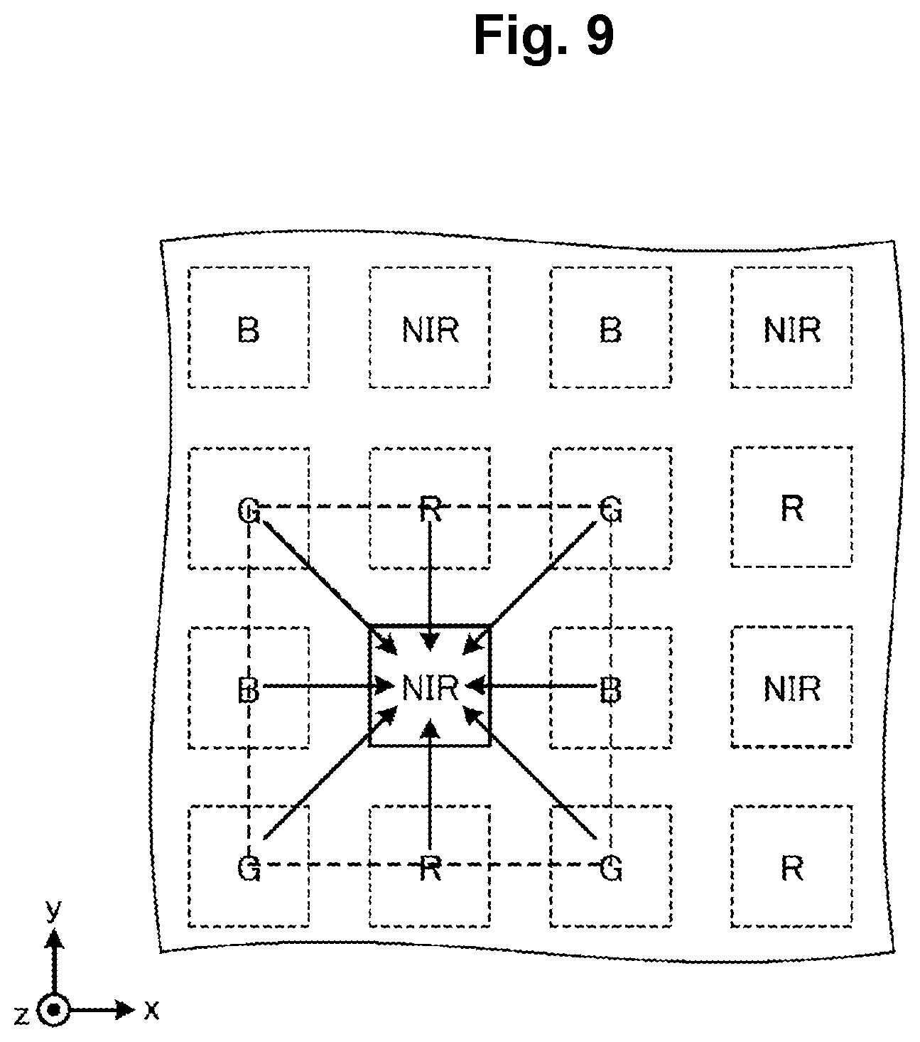 Patent US12622079 Figure 9 – Optical element, image sensor and imaging device for wavwlength-dependent focusing of visible and near-infrared light