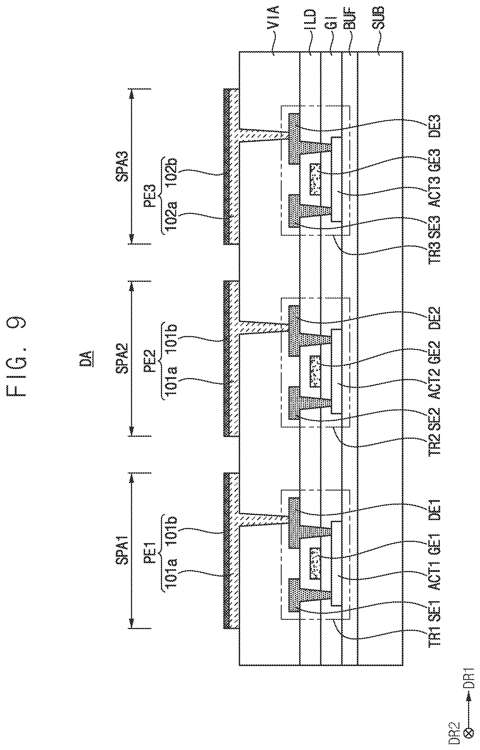 Patent US12622149 Figure 8 – Display device including thickness compensation pattern on pixel electrode and method of manufacturing the same
