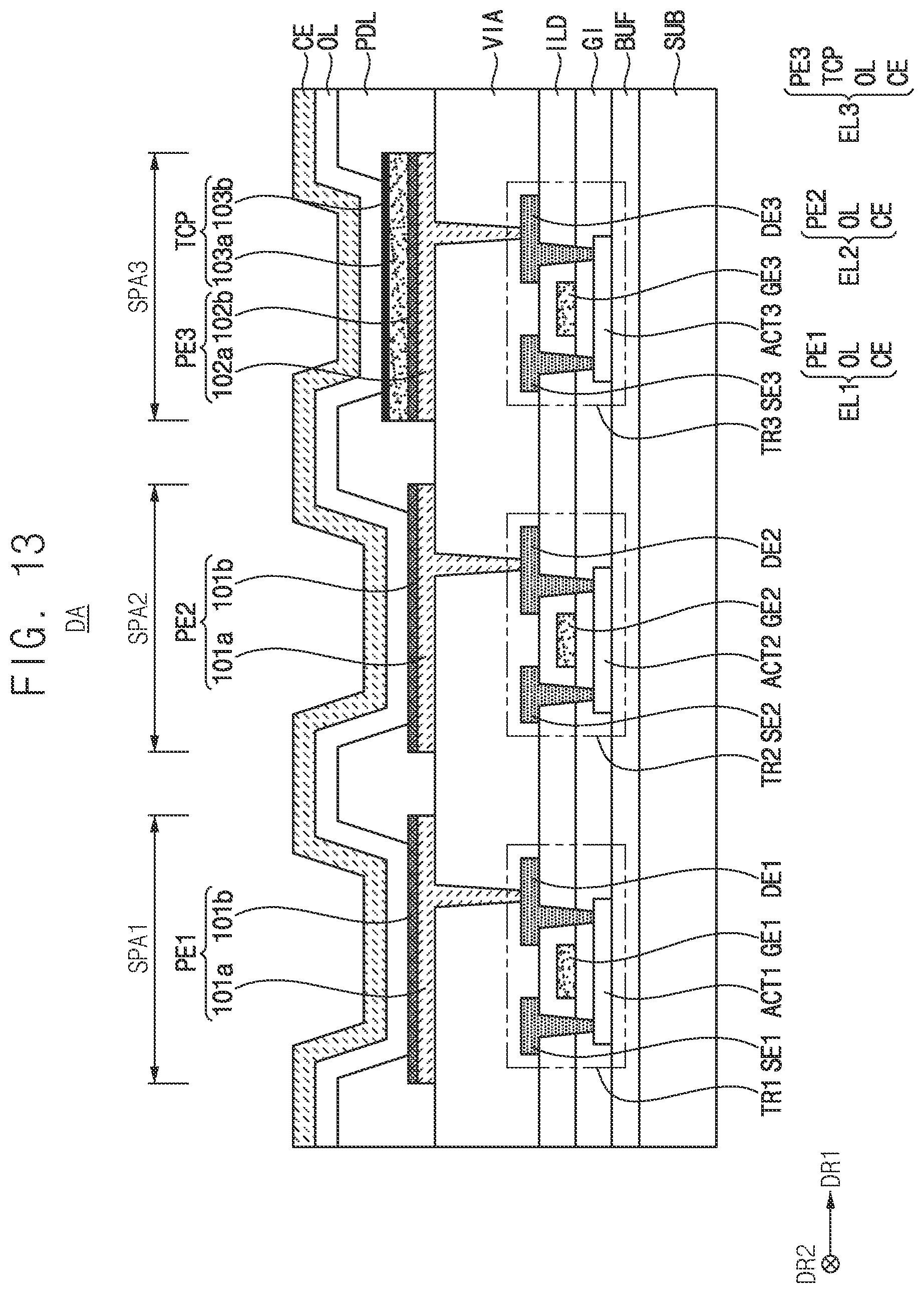Patent US12622149 Figure 12 – Display device including thickness compensation pattern on pixel electrode and method of manufacturing the same