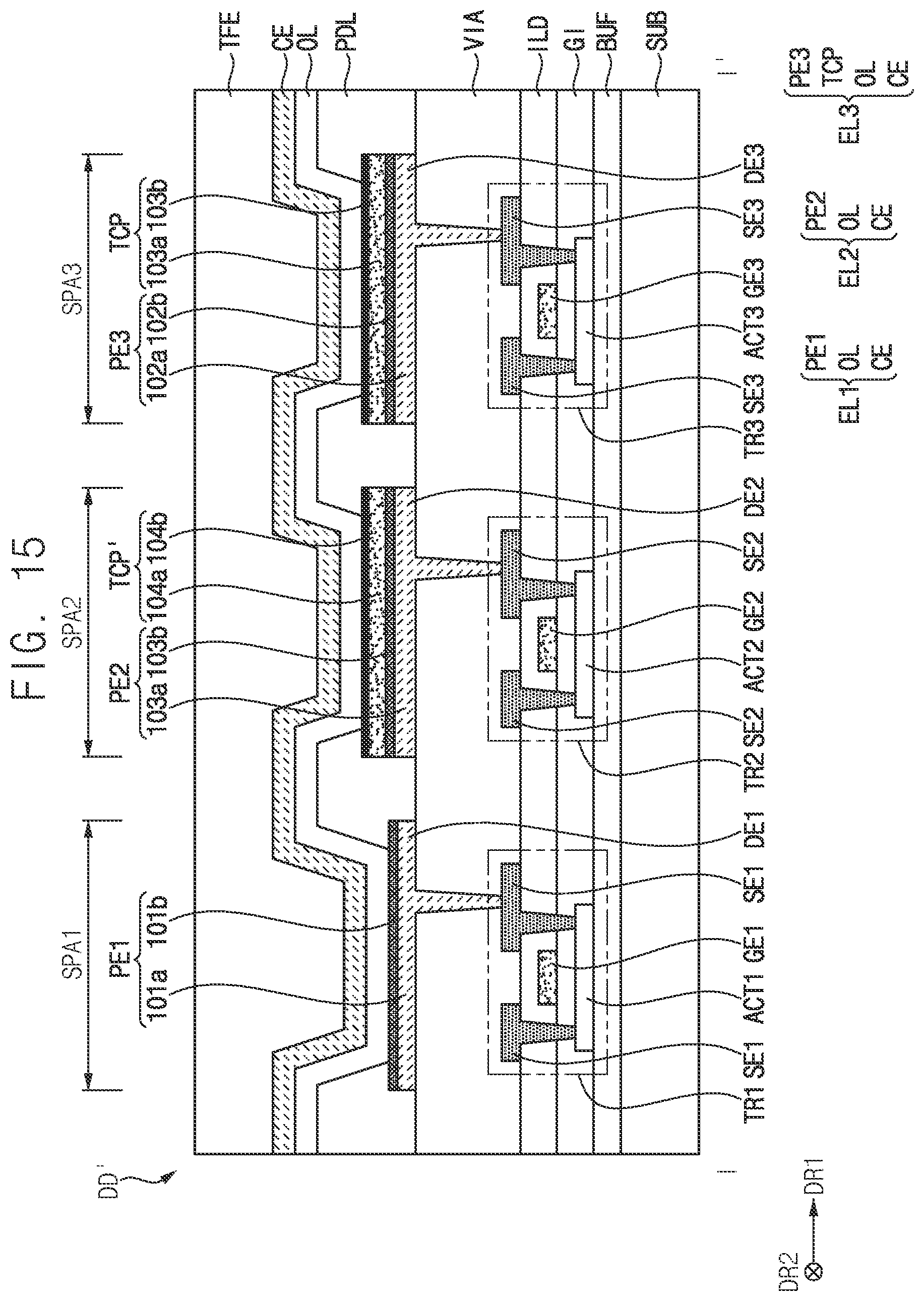 Patent US12622149 Figure 14 – Display device including thickness compensation pattern on pixel electrode and method of manufacturing the same