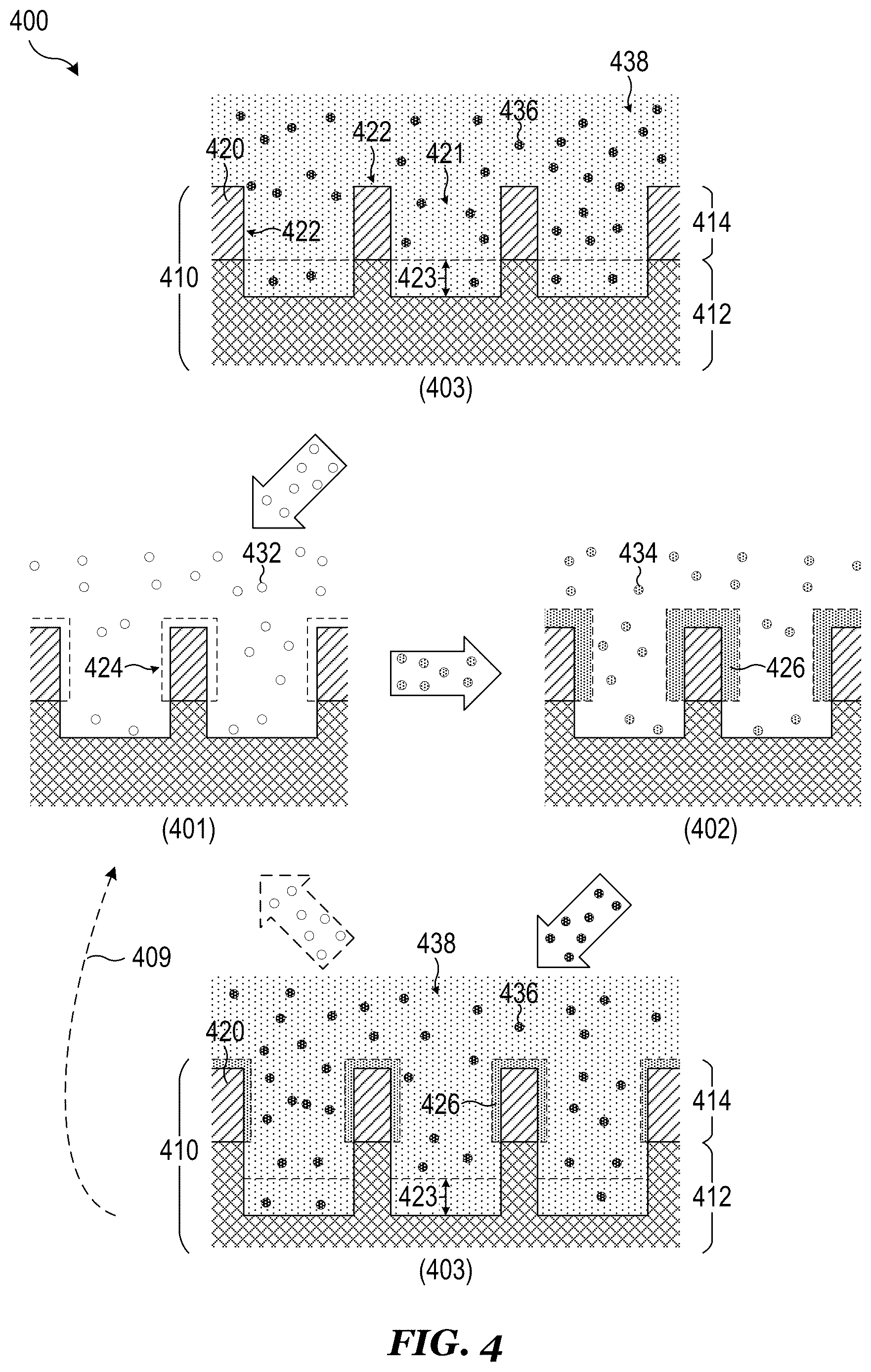 Patent US12622234 Figure 4 – Selective in-situ carbon-based mask protection