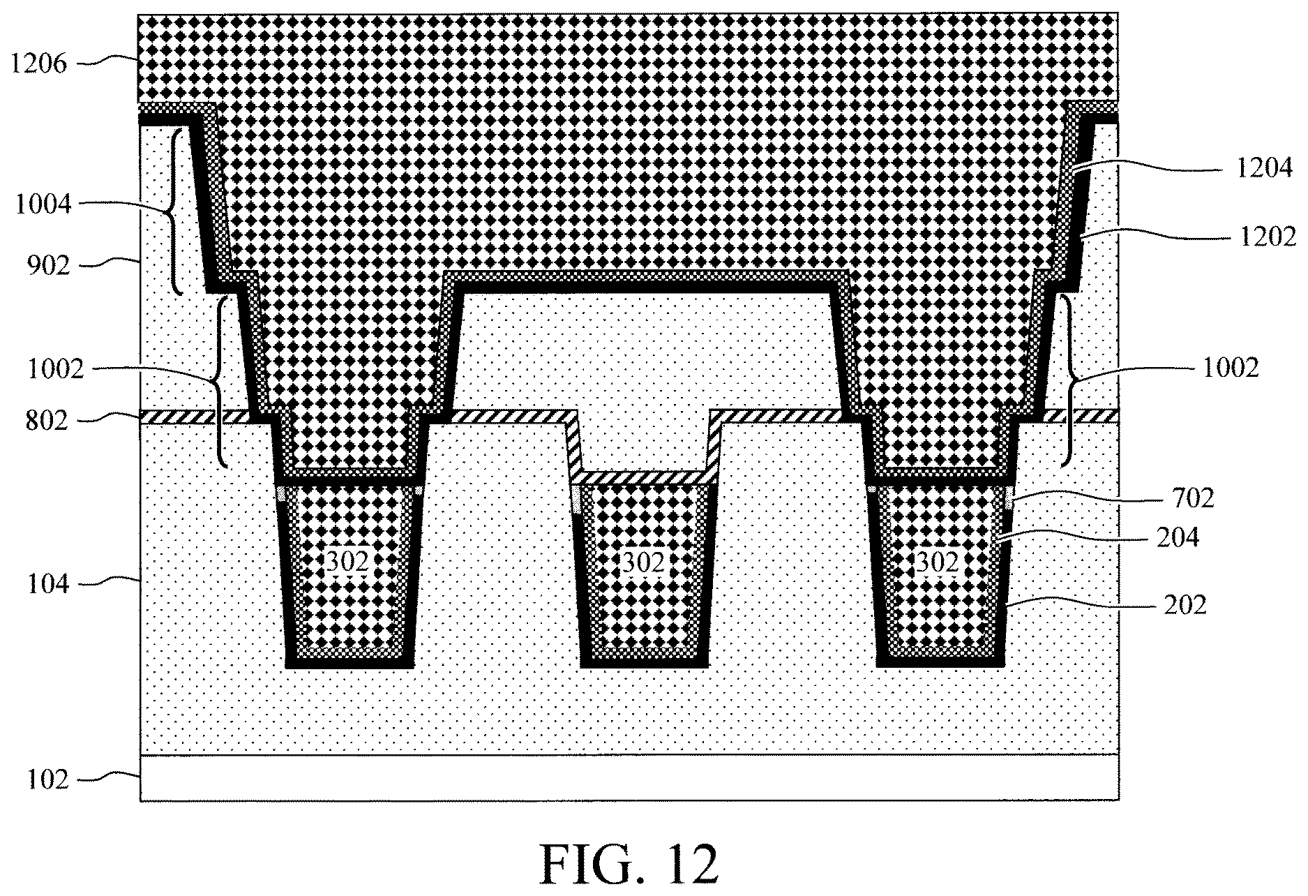 Patent US12622248 Figure 8 – Interconnects with sidewall barrier layer divot fill