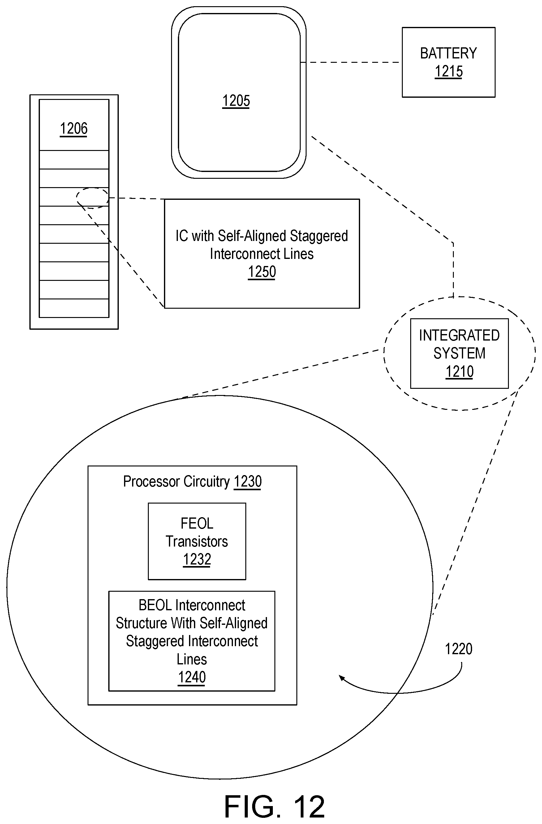 Patent US12622258 Figure 8 – Self-aligned staggered integrated circuit interconnect features