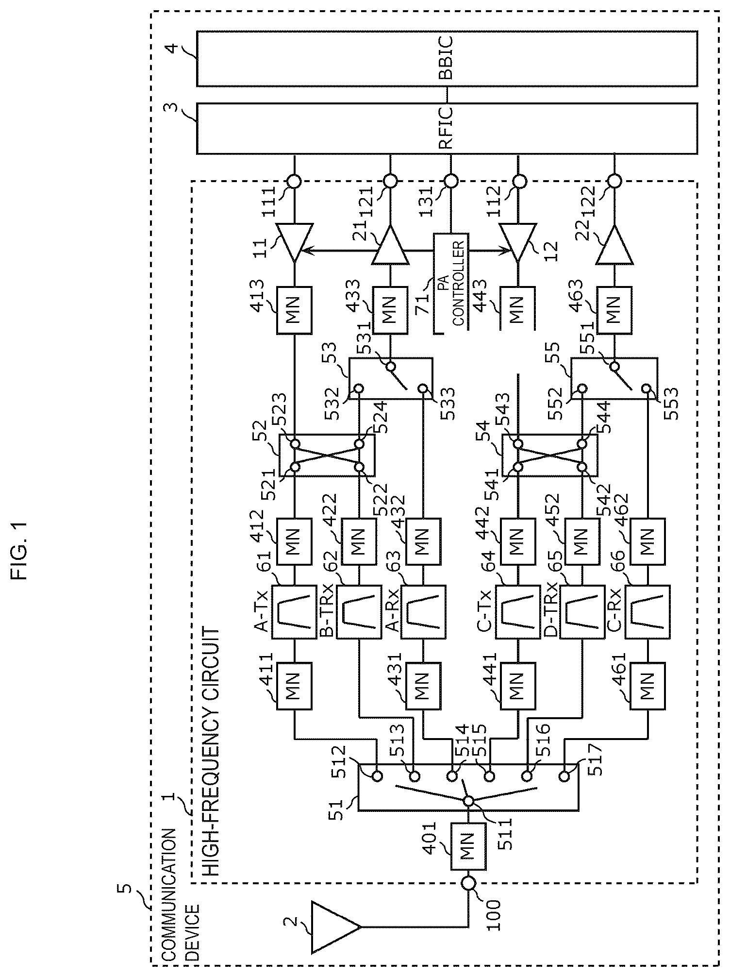 Patent US12622282 Figure 1 – High-frequency module and communication device