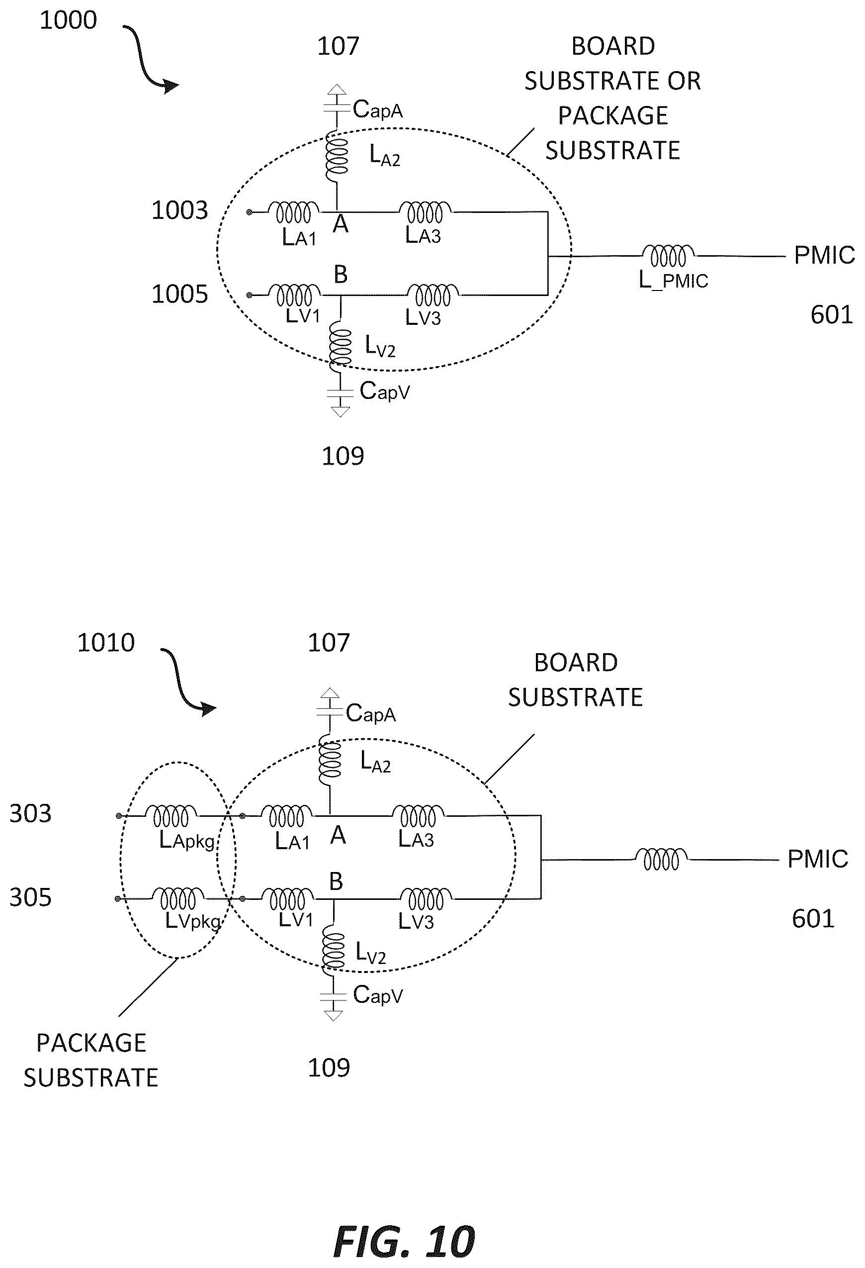 Patent US12622288 Figure 10 – Package substrate and/or a board with a shared power distribution network